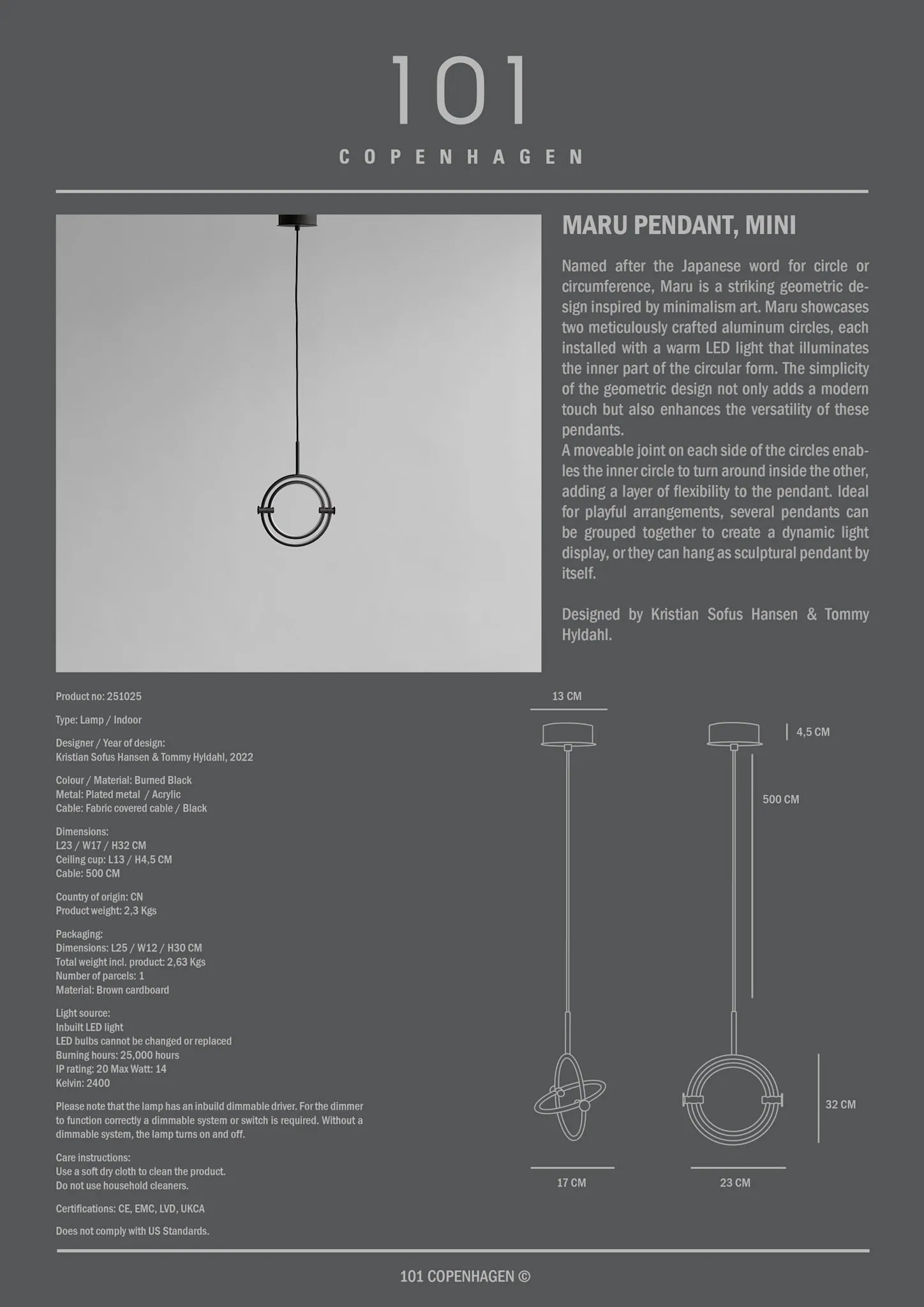 101 Copenhagen Maru Pendant, Mini - Burned Black (UL/NA)