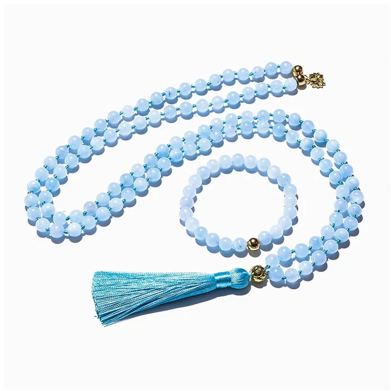 108 Beaded 8mm Aquamarine Japamala Necklace Bracelet Set