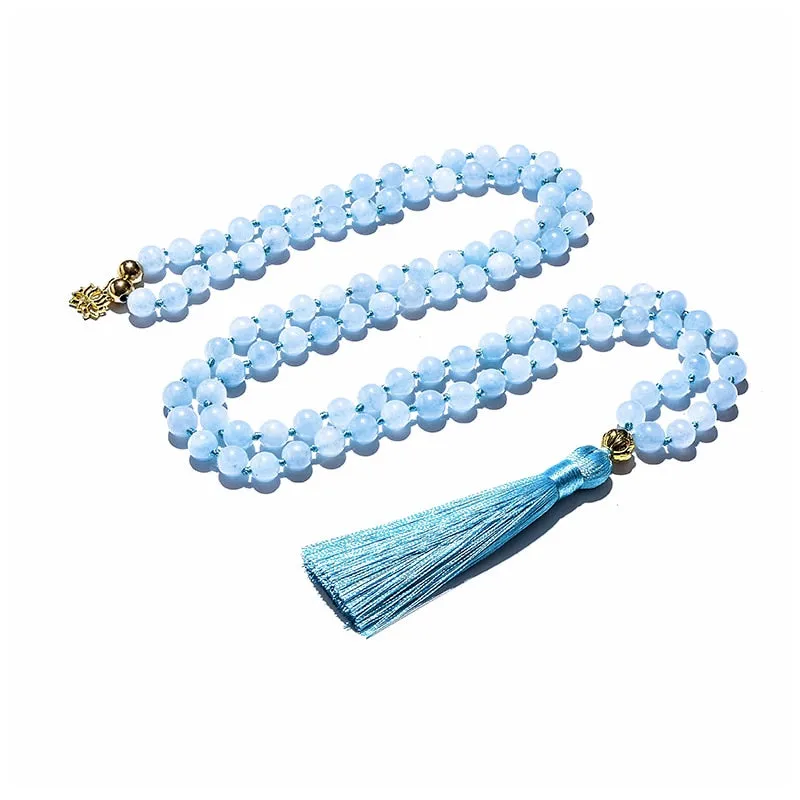 108 Beaded 8mm Aquamarine Japamala Necklace Bracelet Set