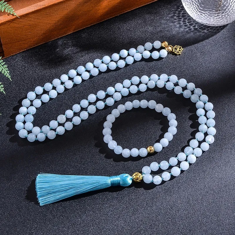 108 Beaded 8mm Aquamarine Japamala Necklace Bracelet Set