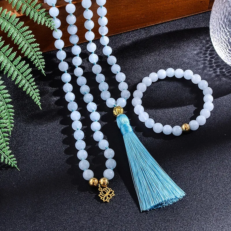 108 Beaded 8mm Aquamarine Japamala Necklace Bracelet Set