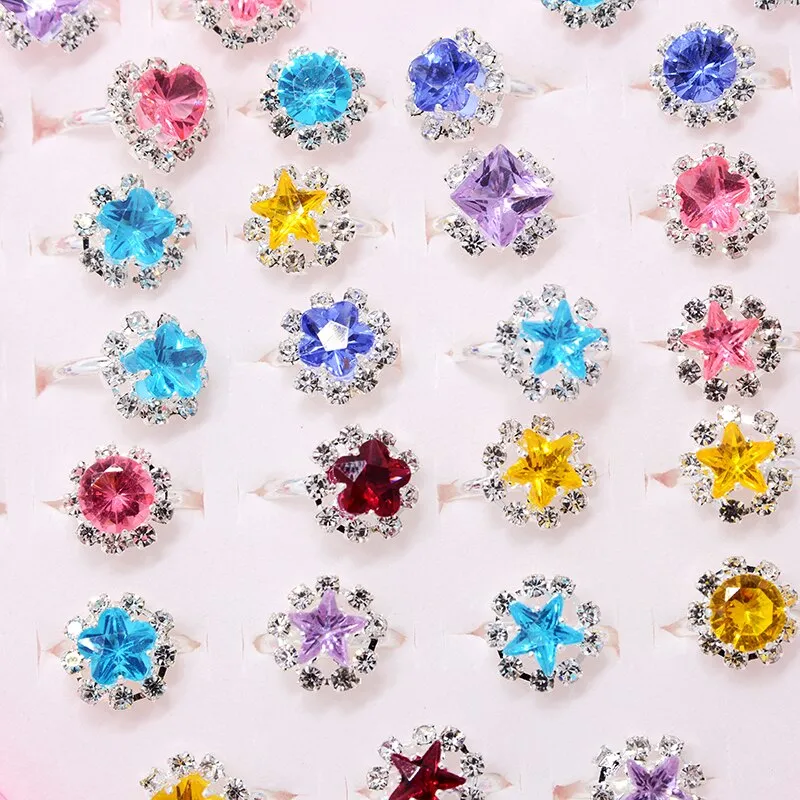 12/36pcs Children Mix Colorful Rhinestone Gem Rings Cute Jewelry