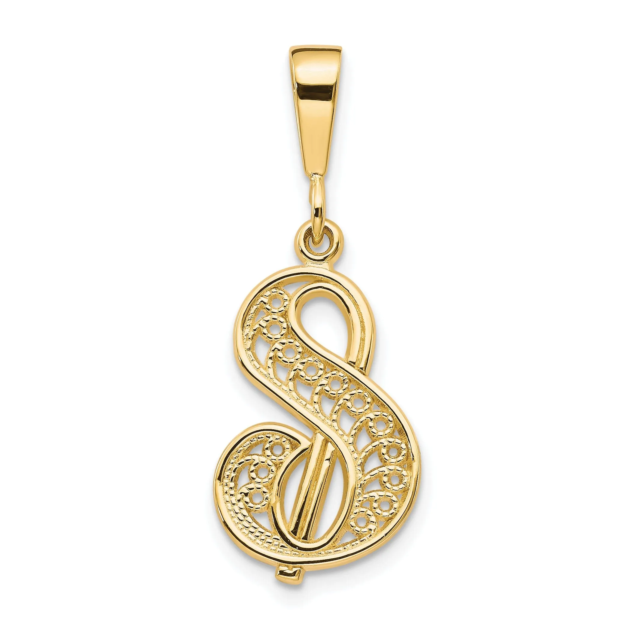 14K Yellow Gold Fancy Filigree Script Design Letter S Initial Pendant
