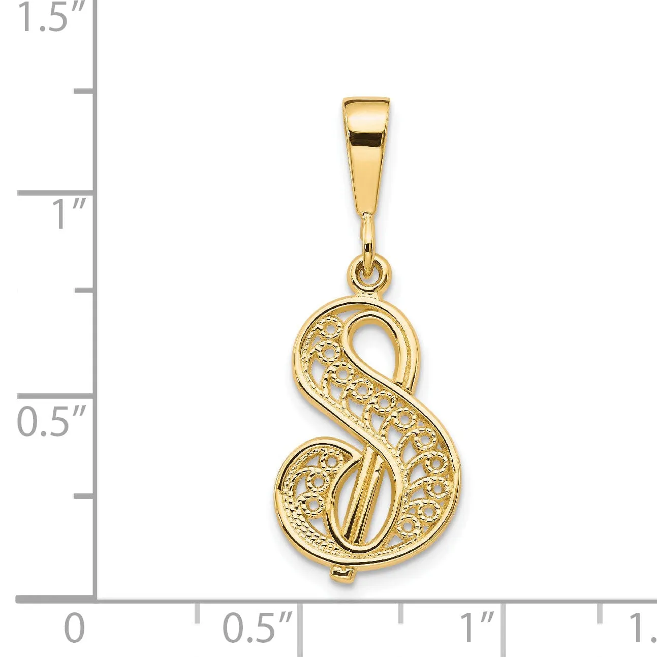 14K Yellow Gold Fancy Filigree Script Design Letter S Initial Pendant