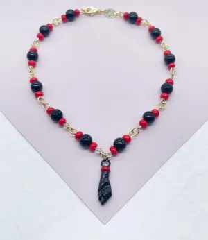 18k Gold Filled Beaded Simulated Azabache  Anklet Featuring Black "Figa" Charm  - Protection Good Luck tune