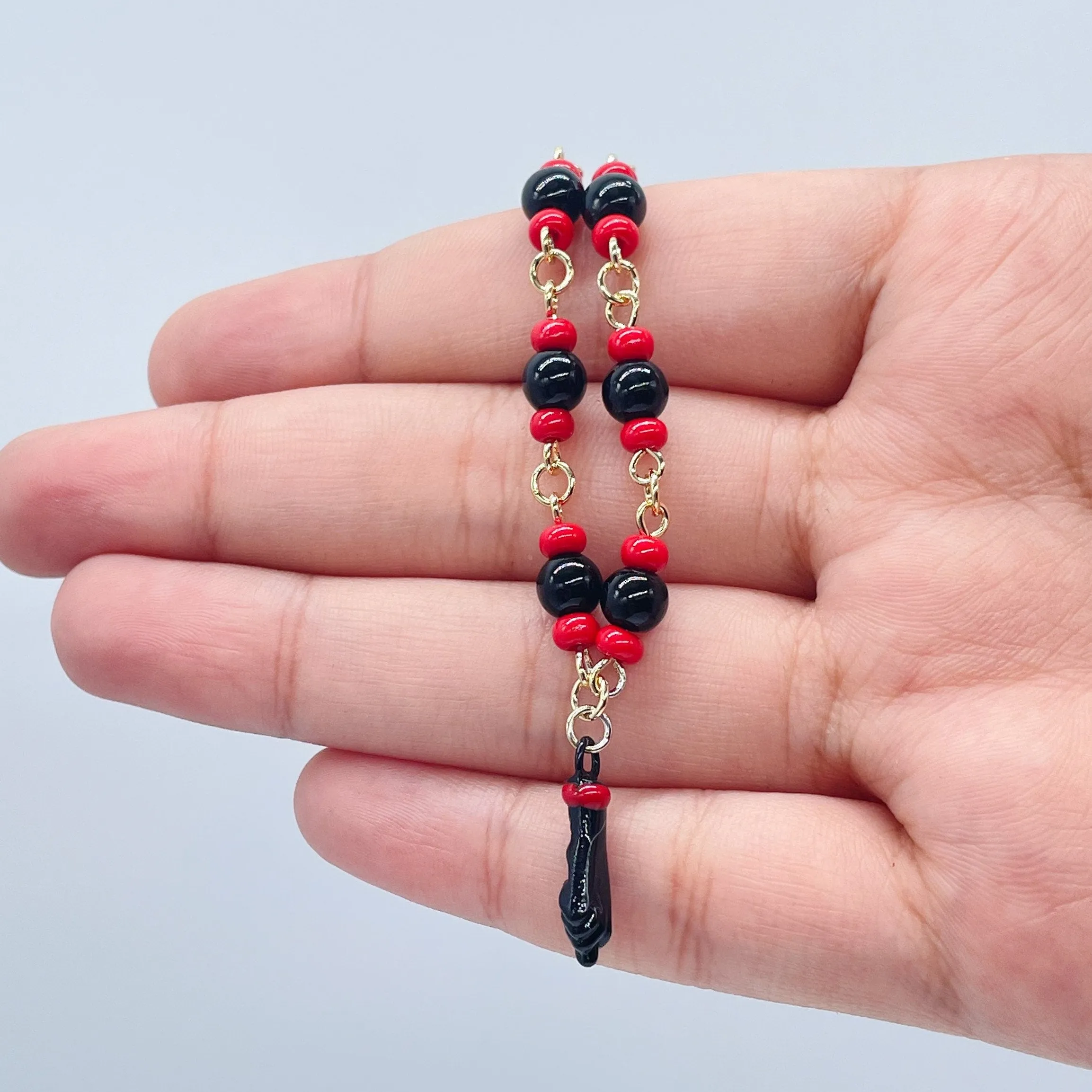 18k Gold Filled Beaded Simulated Azabache  Anklet Featuring Black "Figa" Charm  - Protection Good Luck tune