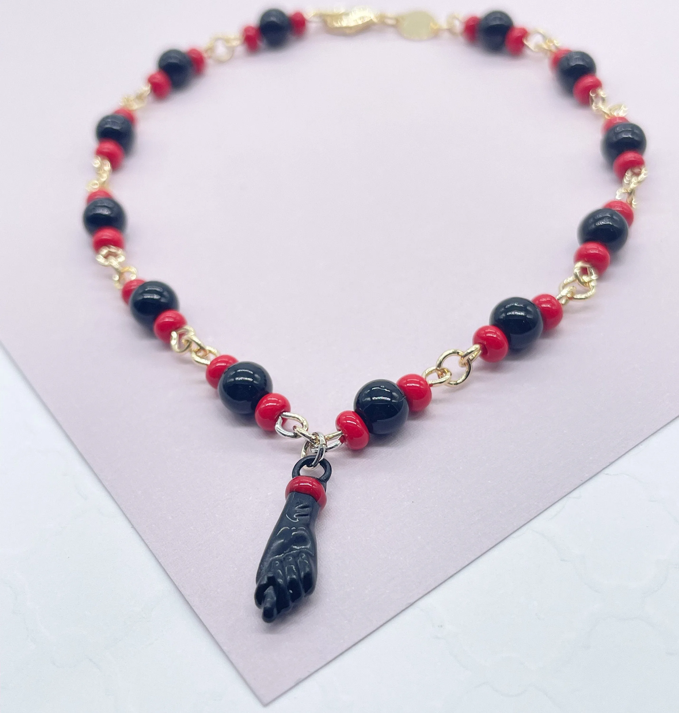18k Gold Filled Beaded Simulated Azabache  Anklet Featuring Black "Figa" Charm  - Protection Good Luck tune