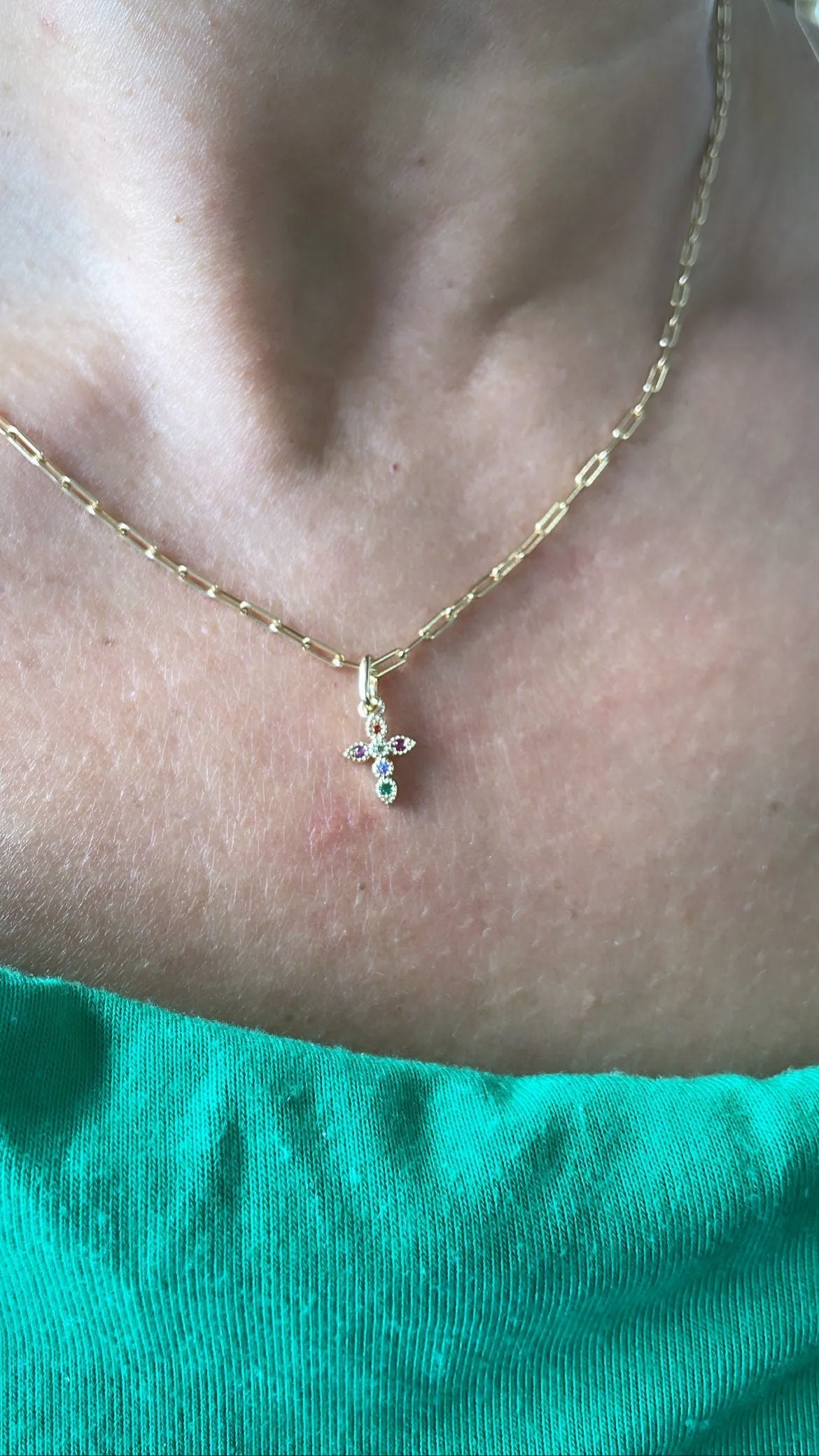 18k Gold Filled Colorful Dainty Cross Charm & Earrings, Birthday Gift, Jewlery For Her, Faith Jewelry
