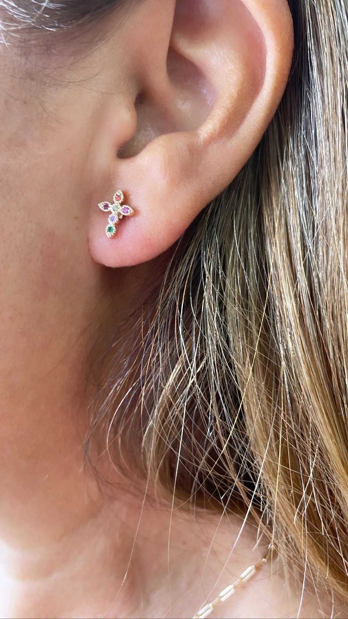18k Gold Filled Colorful Dainty Cross Charm & Earrings, Birthday Gift, Jewlery For Her, Faith Jewelry
