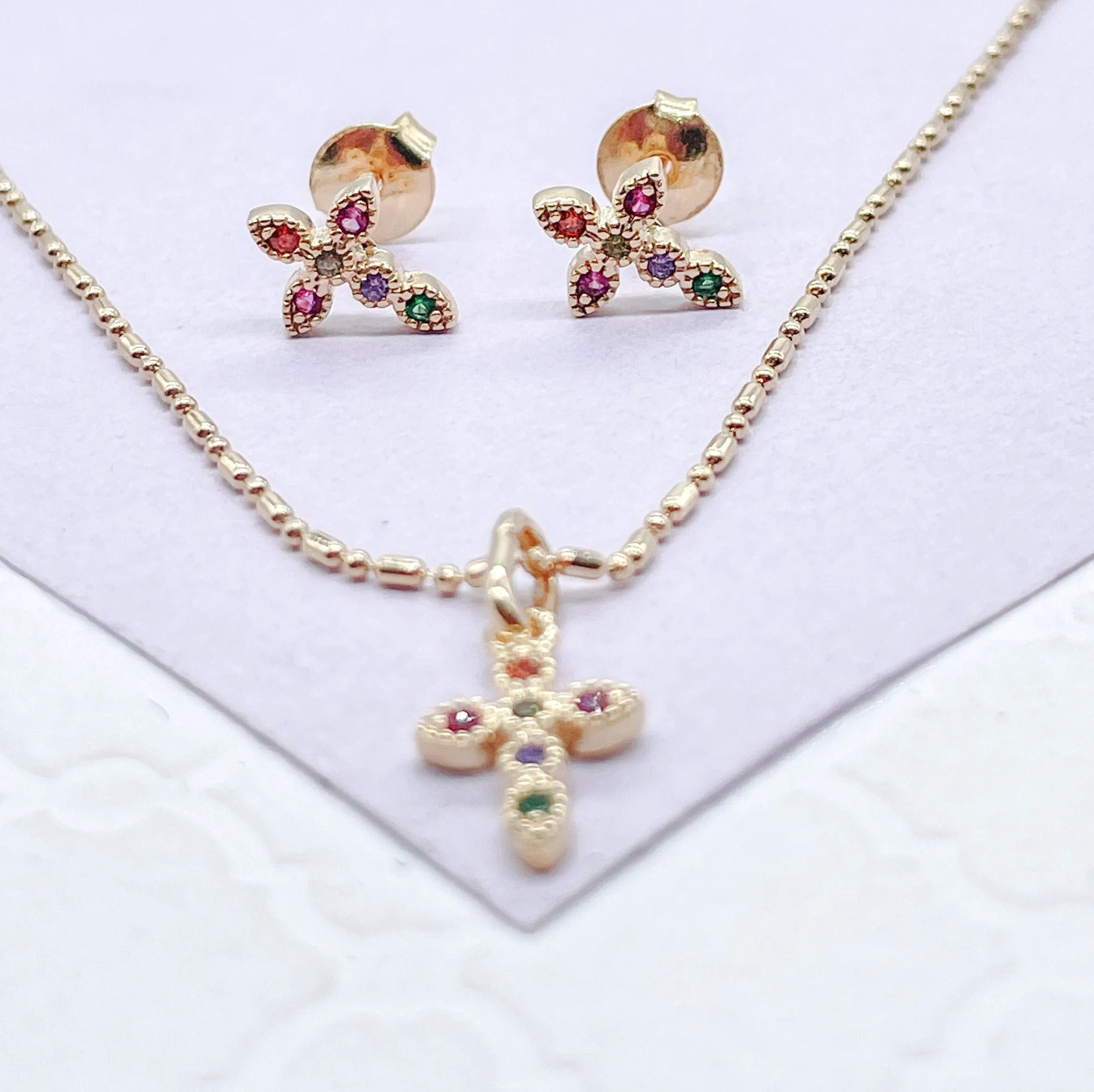 18k Gold Filled Colorful Dainty Cross Charm & Earrings, Birthday Gift, Jewlery For Her, Faith Jewelry