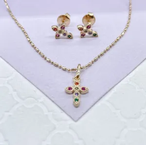 18k Gold Filled Colorful Dainty Cross Charm & Earrings, Birthday Gift, Jewlery For Her, Faith Jewelry