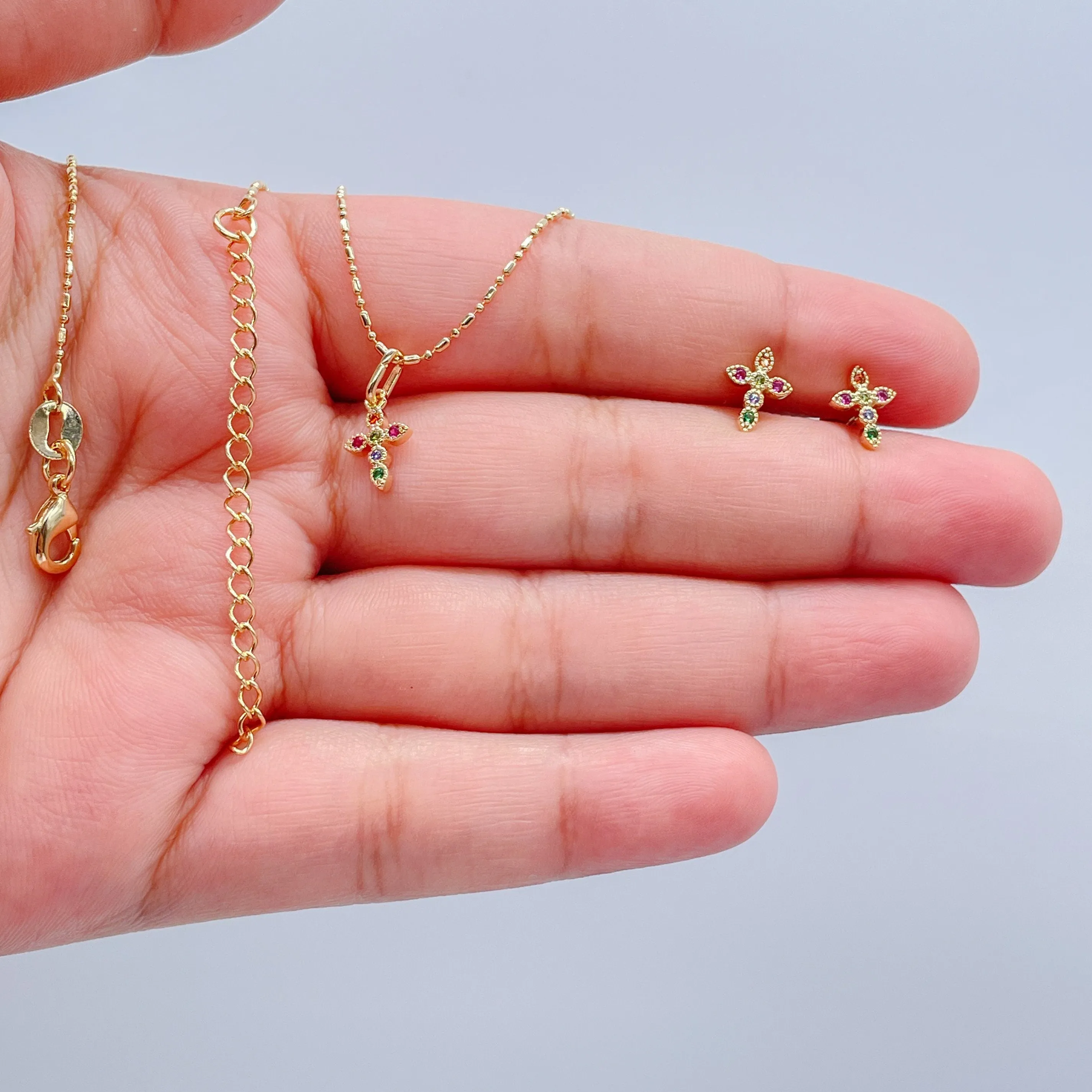18k Gold Filled Colorful Dainty Cross Charm & Earrings, Birthday Gift, Jewlery For Her, Faith Jewelry