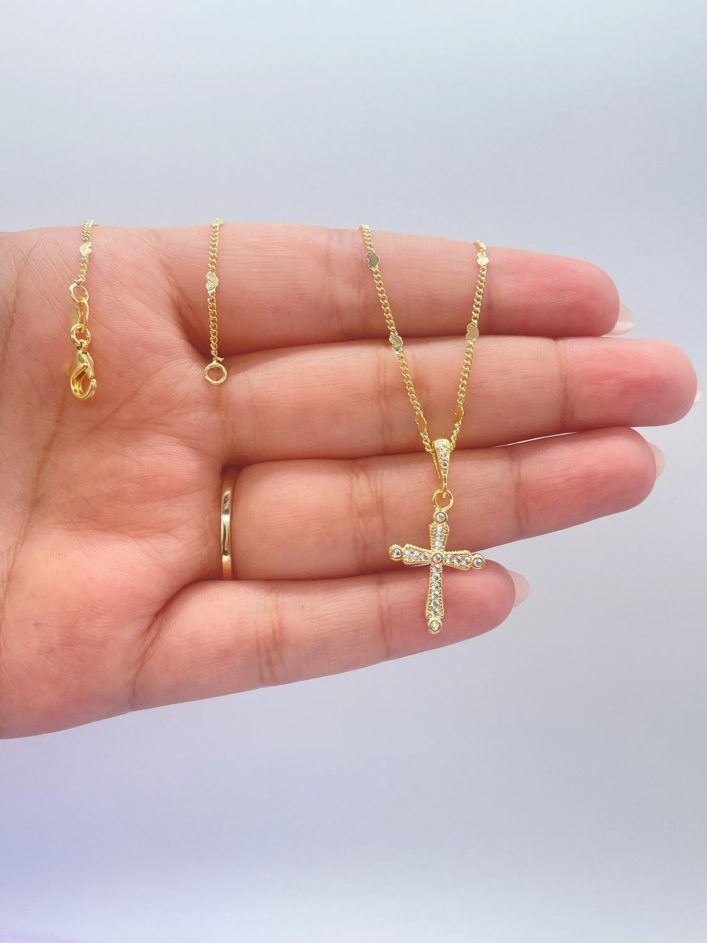18k Gold Filled Dainty 3 Style CZ Cross, Beveled Stones, Pear Cut Stones & cz Pave Style Cross