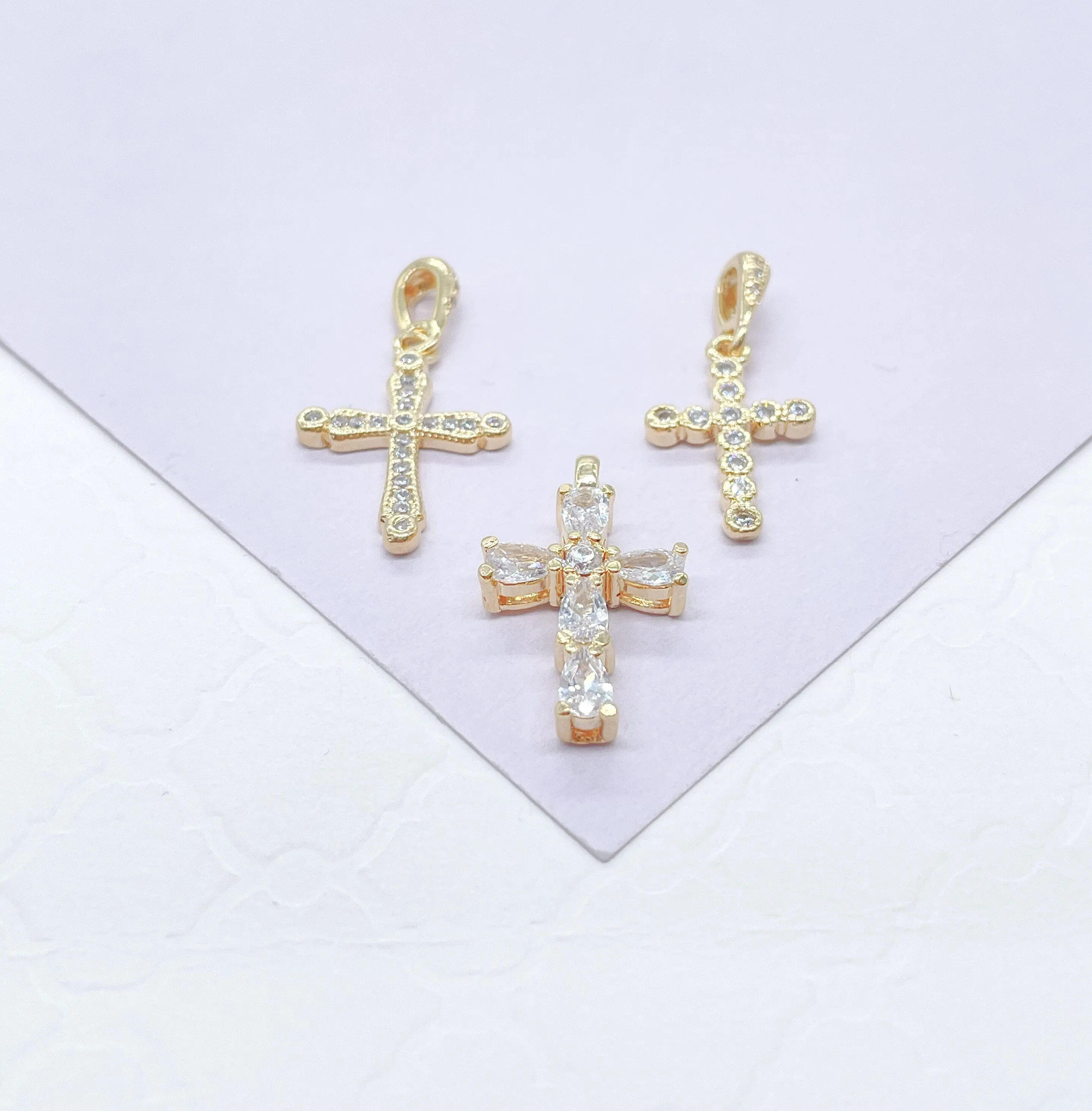 18k Gold Filled Dainty 3 Style CZ Cross, Beveled Stones, Pear Cut Stones & cz Pave Style Cross