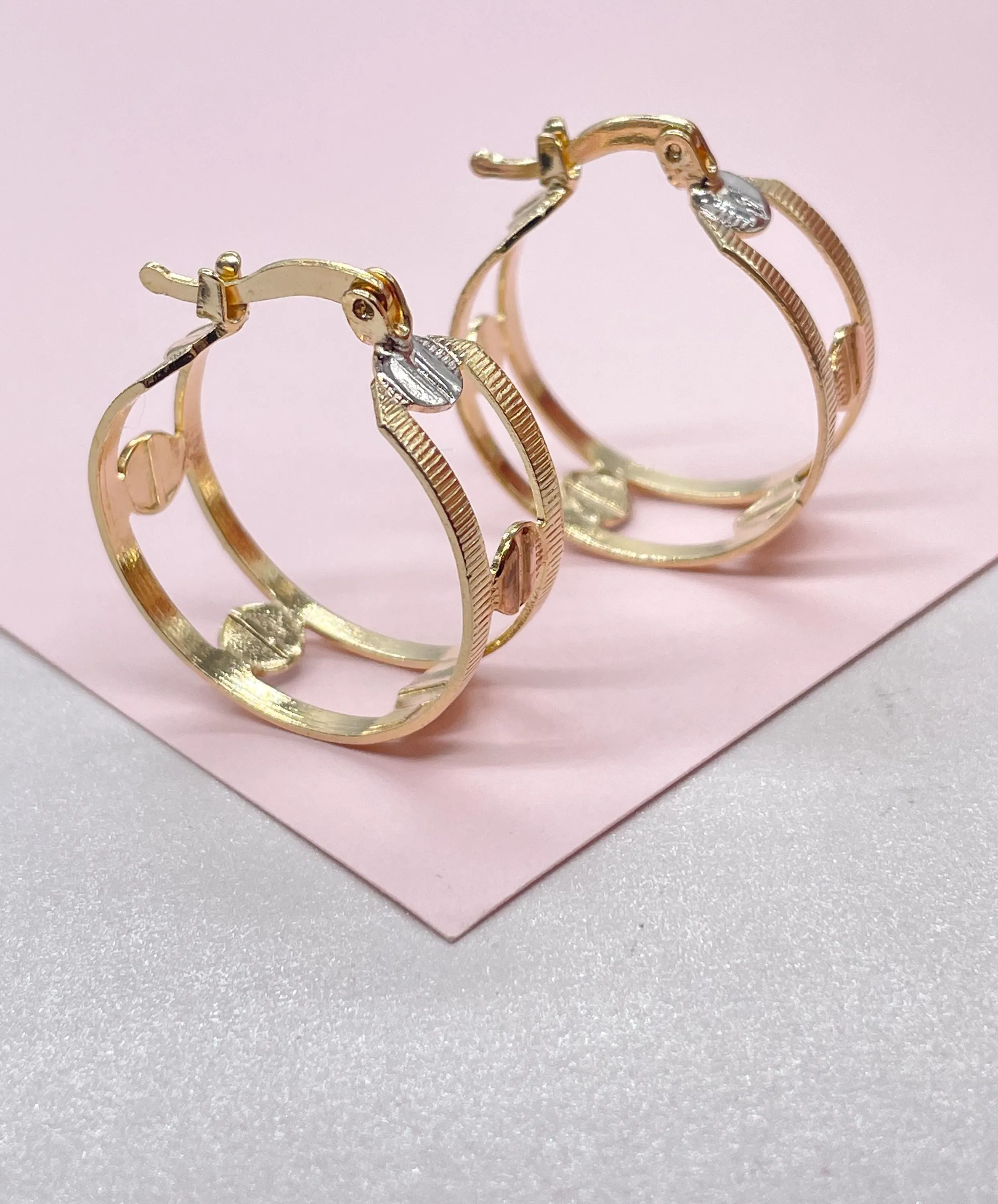 18k Gold Filled Dainty 3 Tone  Screw Patterned Hoops