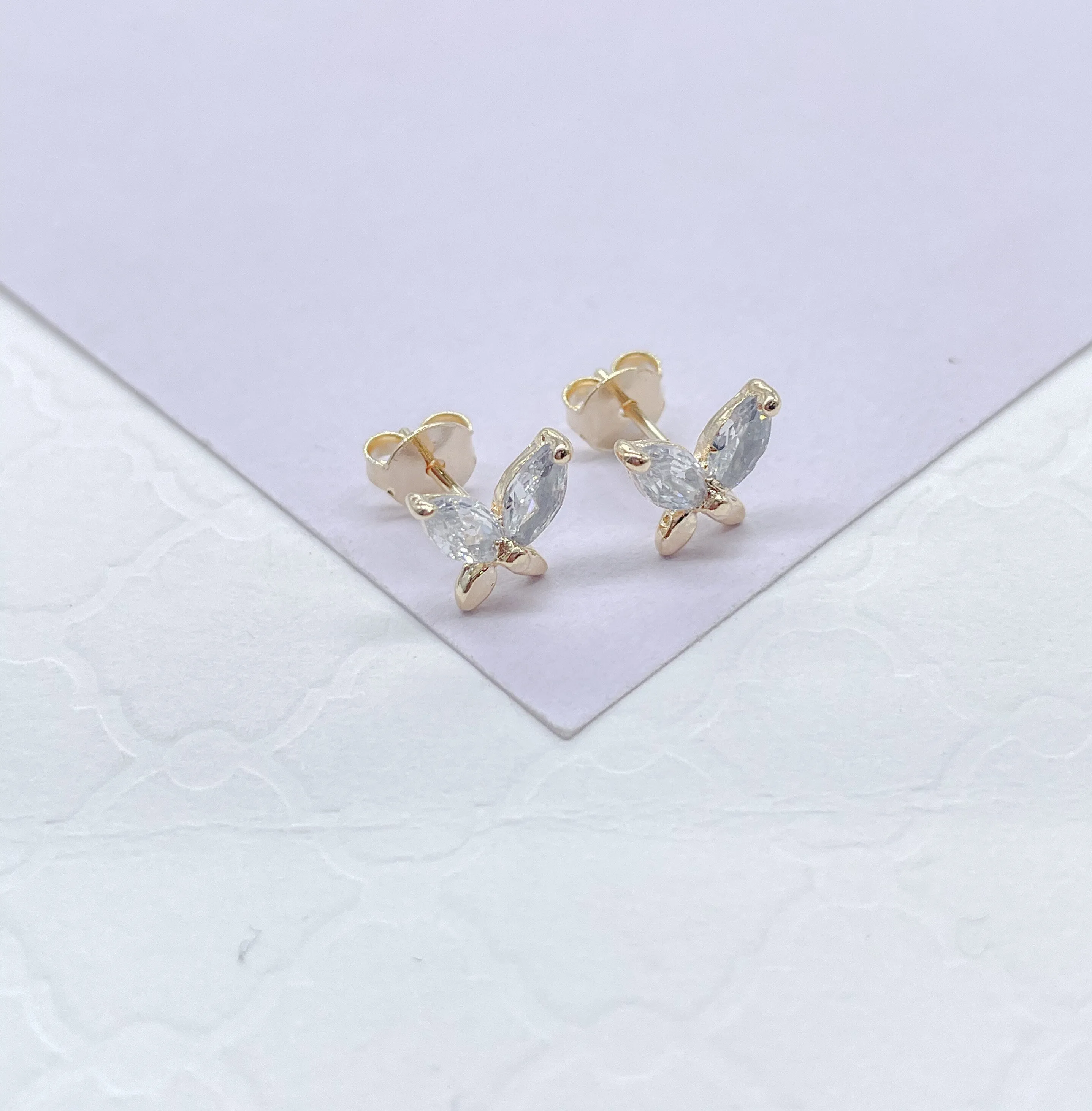 18k Gold Filled Dainty Butterly Stud Earrings With Top Marquise Cut Stone Earrings, Butterfly Studs, Dainty Stud,