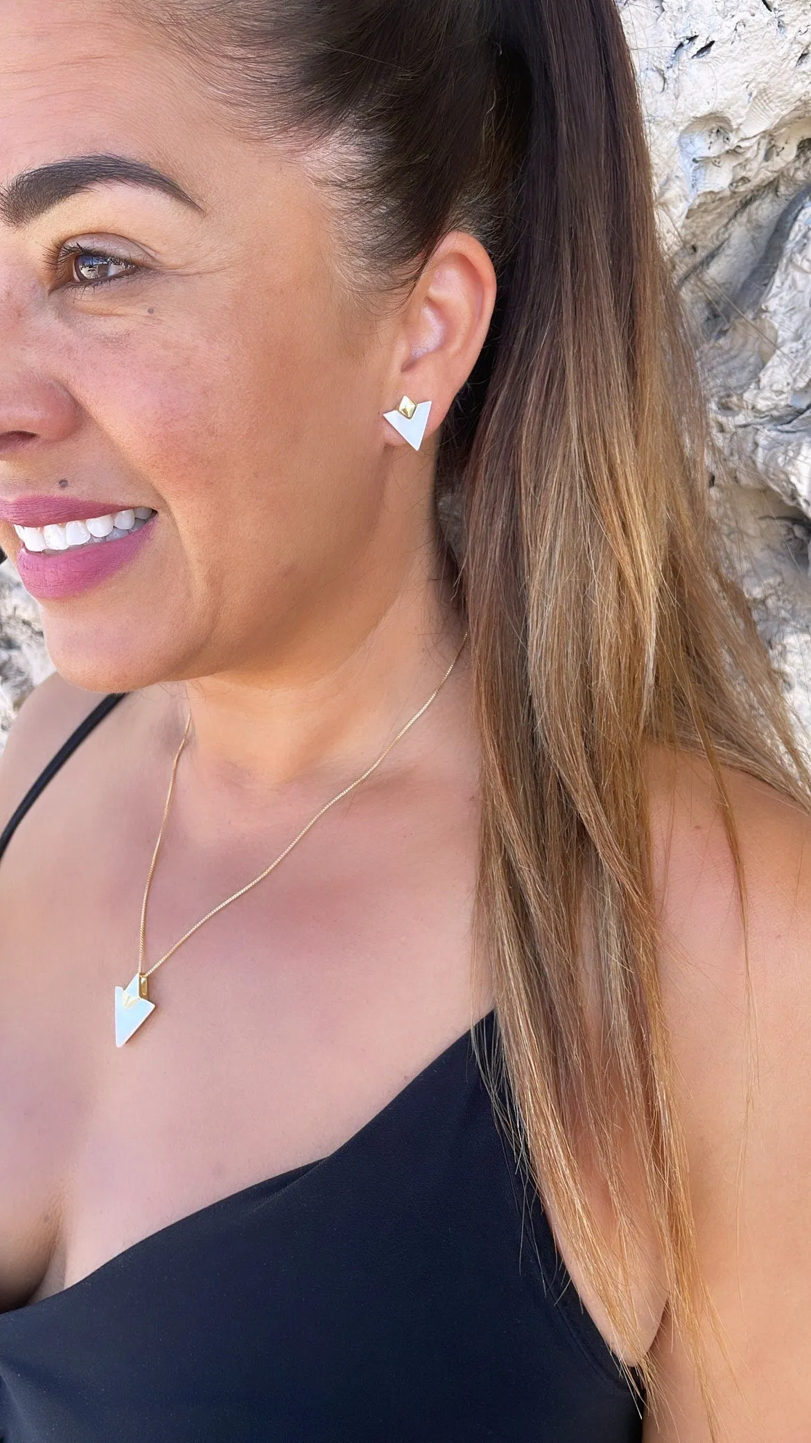 18k Gold Filled Dainty Natural Stone Triangle Shaped Necklace and Stud Set