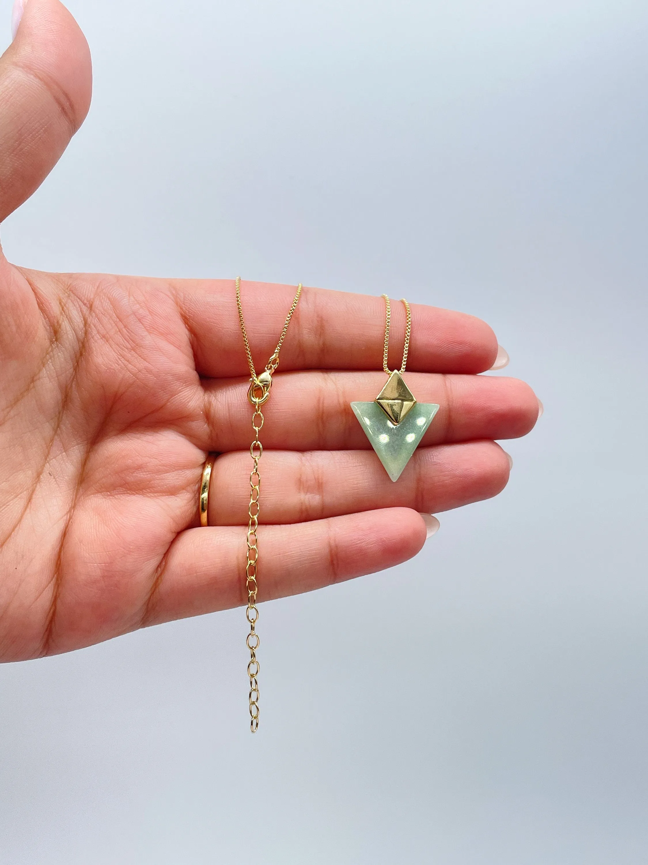 18k Gold Filled Dainty Natural Stone Triangle Shaped Necklace and Stud Set