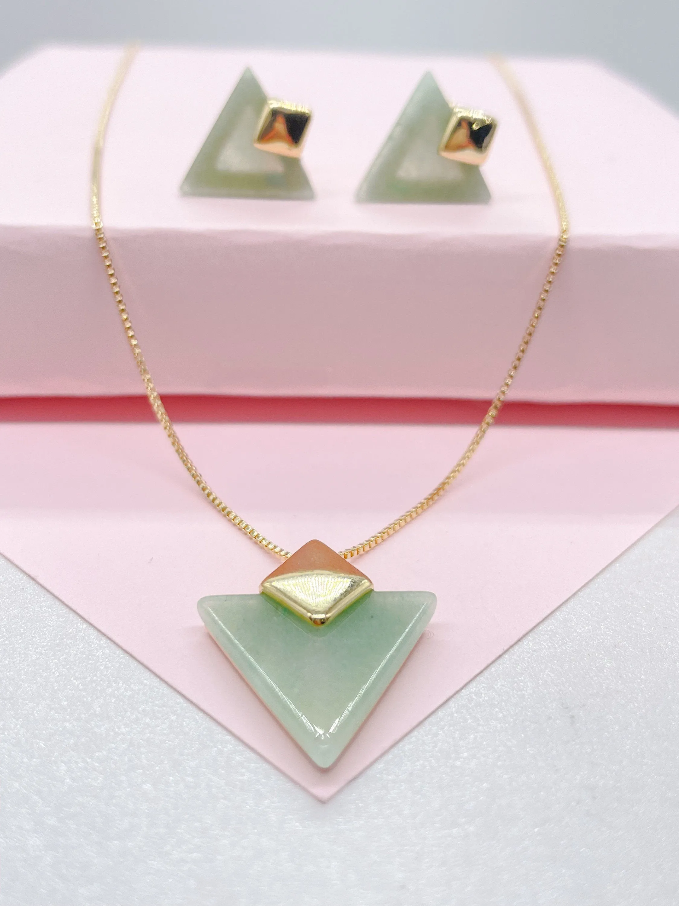 18k Gold Filled Dainty Natural Stone Triangle Shaped Necklace and Stud Set