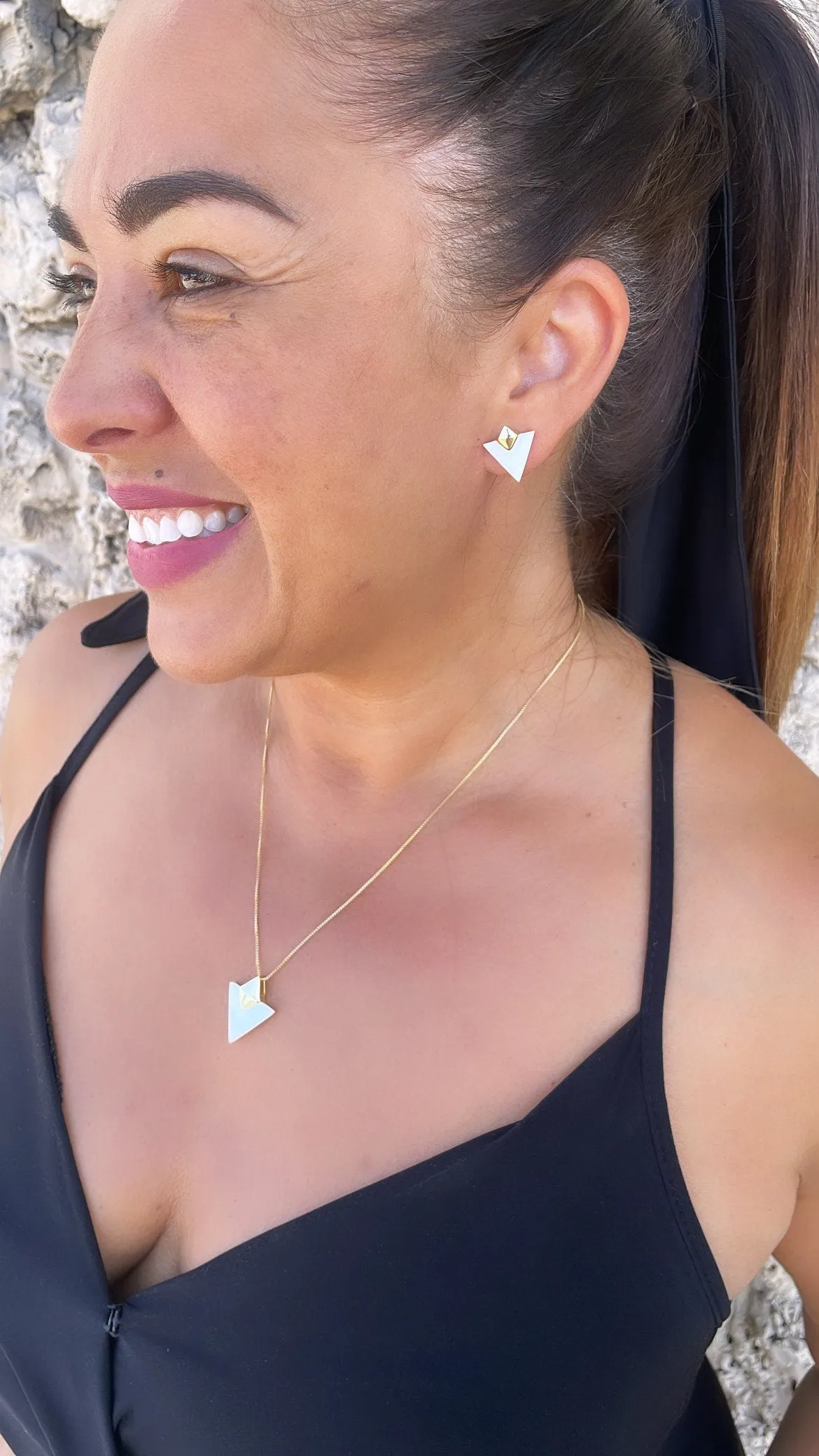 18k Gold Filled Dainty Natural Stone Triangle Shaped Necklace and Stud Set
