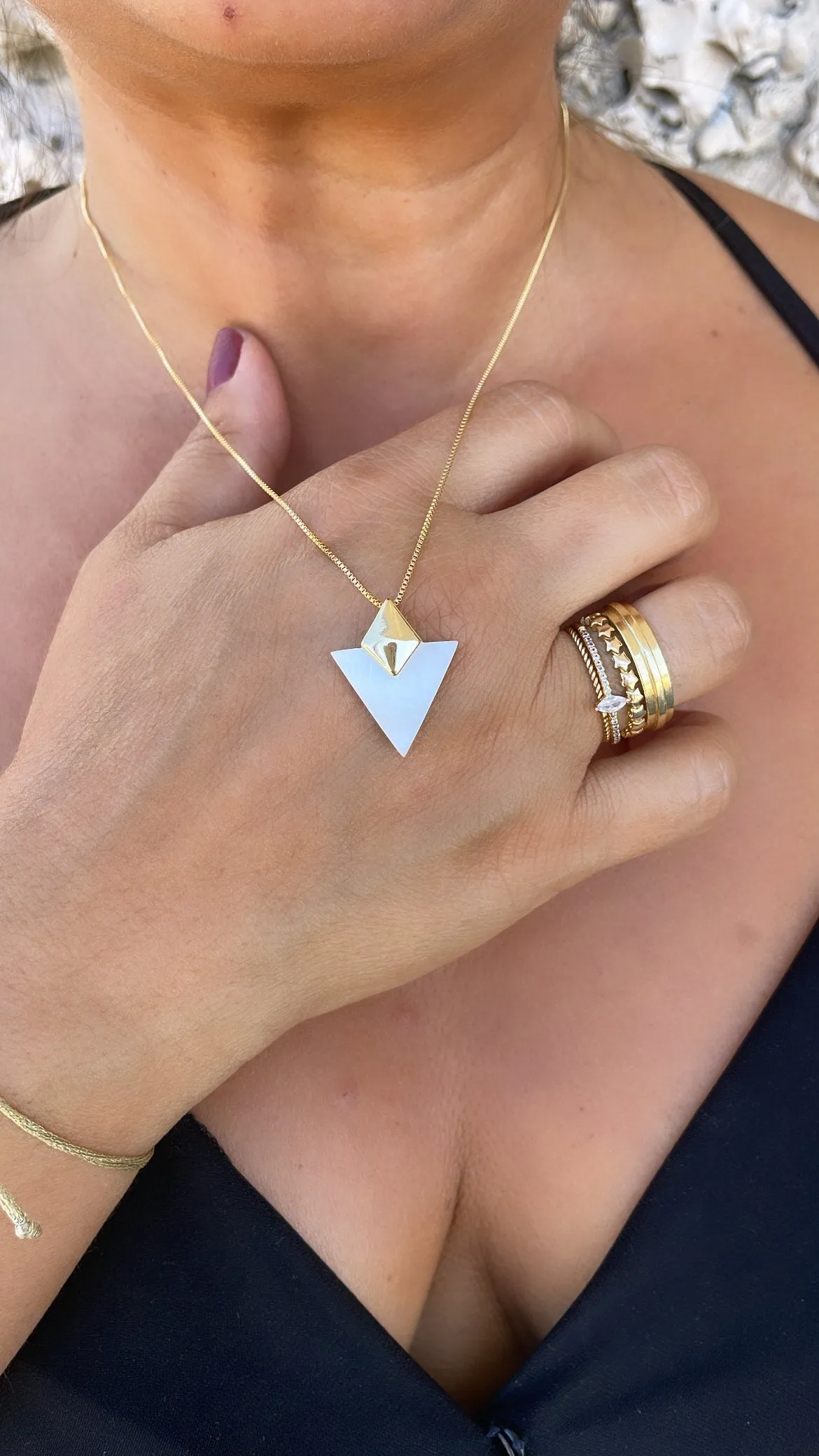 18k Gold Filled Dainty Natural Stone Triangle Shaped Necklace and Stud Set
