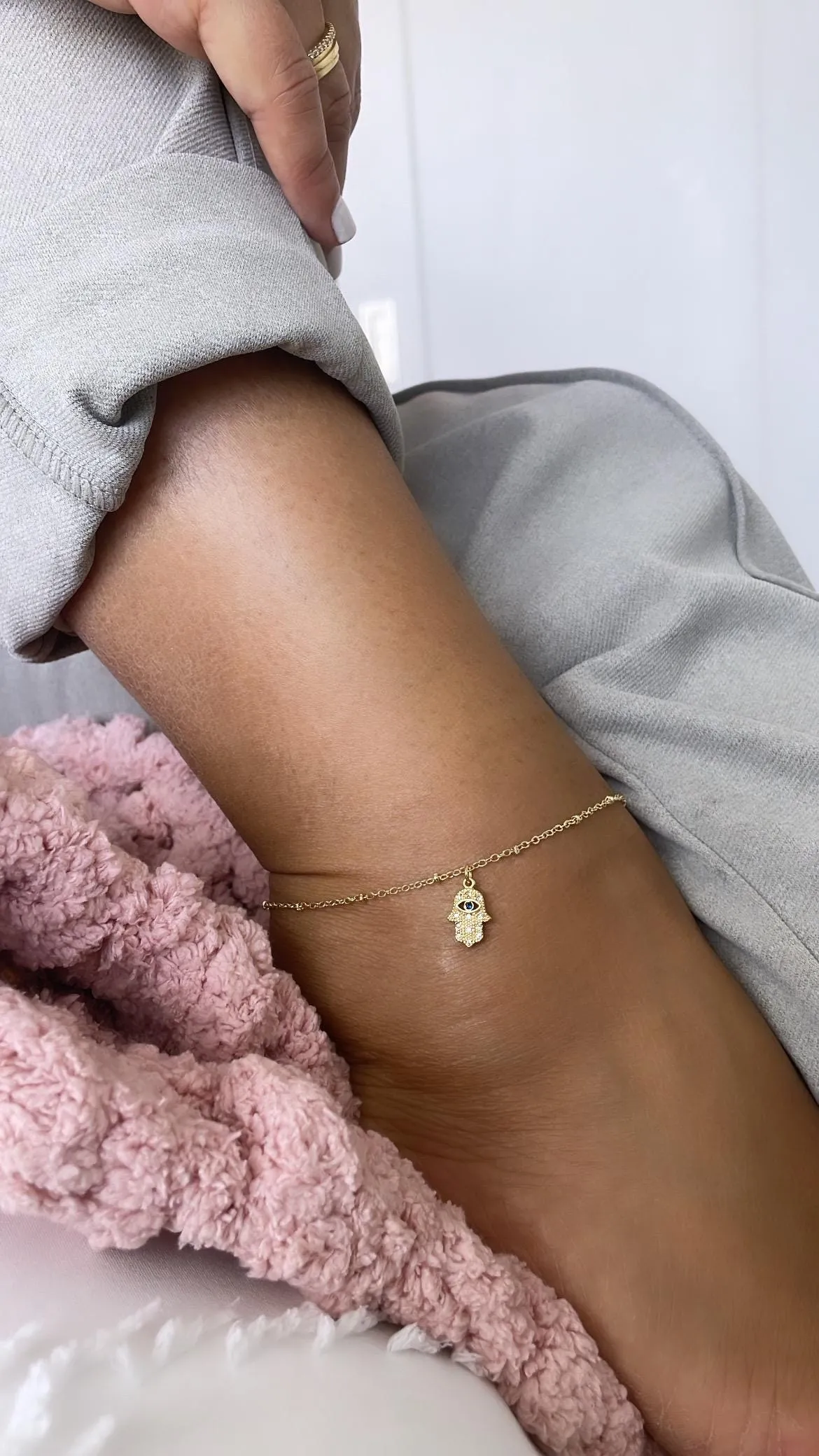 18k Gold Filled Dainty Satellite Anklet featuring Blue Evil Eye Hamsa Charm, Protection Jewelry