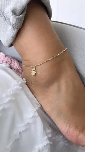 18k Gold Filled Dainty Satellite Anklet featuring Blue Evil Eye Hamsa Charm, Protection Jewelry