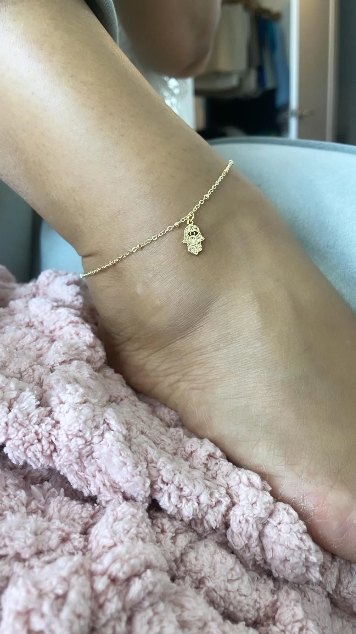 18k Gold Filled Dainty Satellite Anklet featuring Blue Evil Eye Hamsa Charm, Protection Jewelry