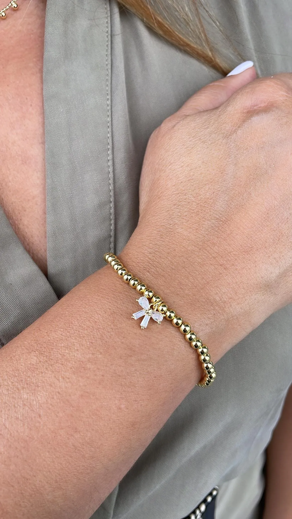 18k Gold Filled Elastic Classic 4mm Beaded Bracelet with CZ Dainty Bow