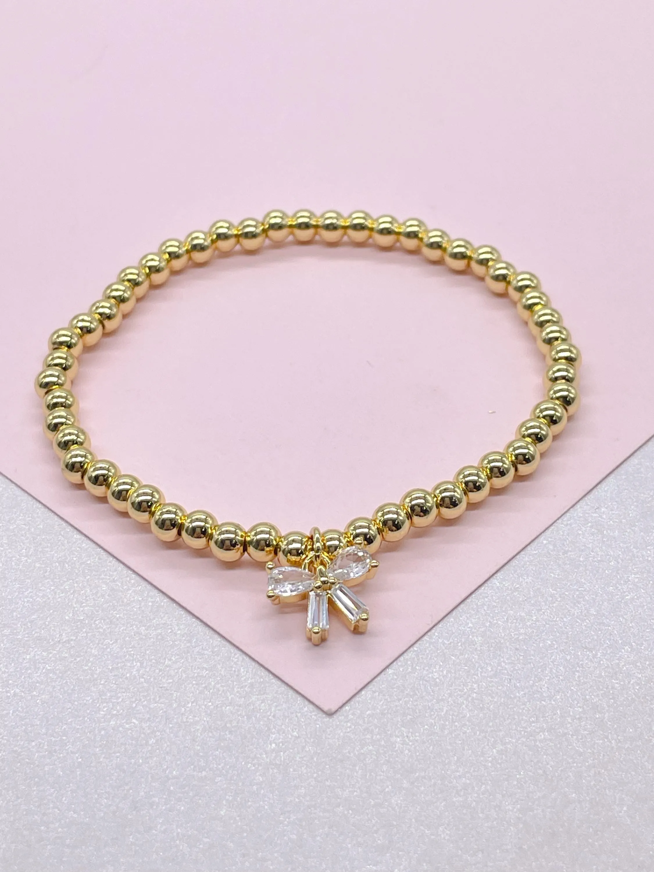 18k Gold Filled Elastic Classic 4mm Beaded Bracelet with CZ Dainty Bow
