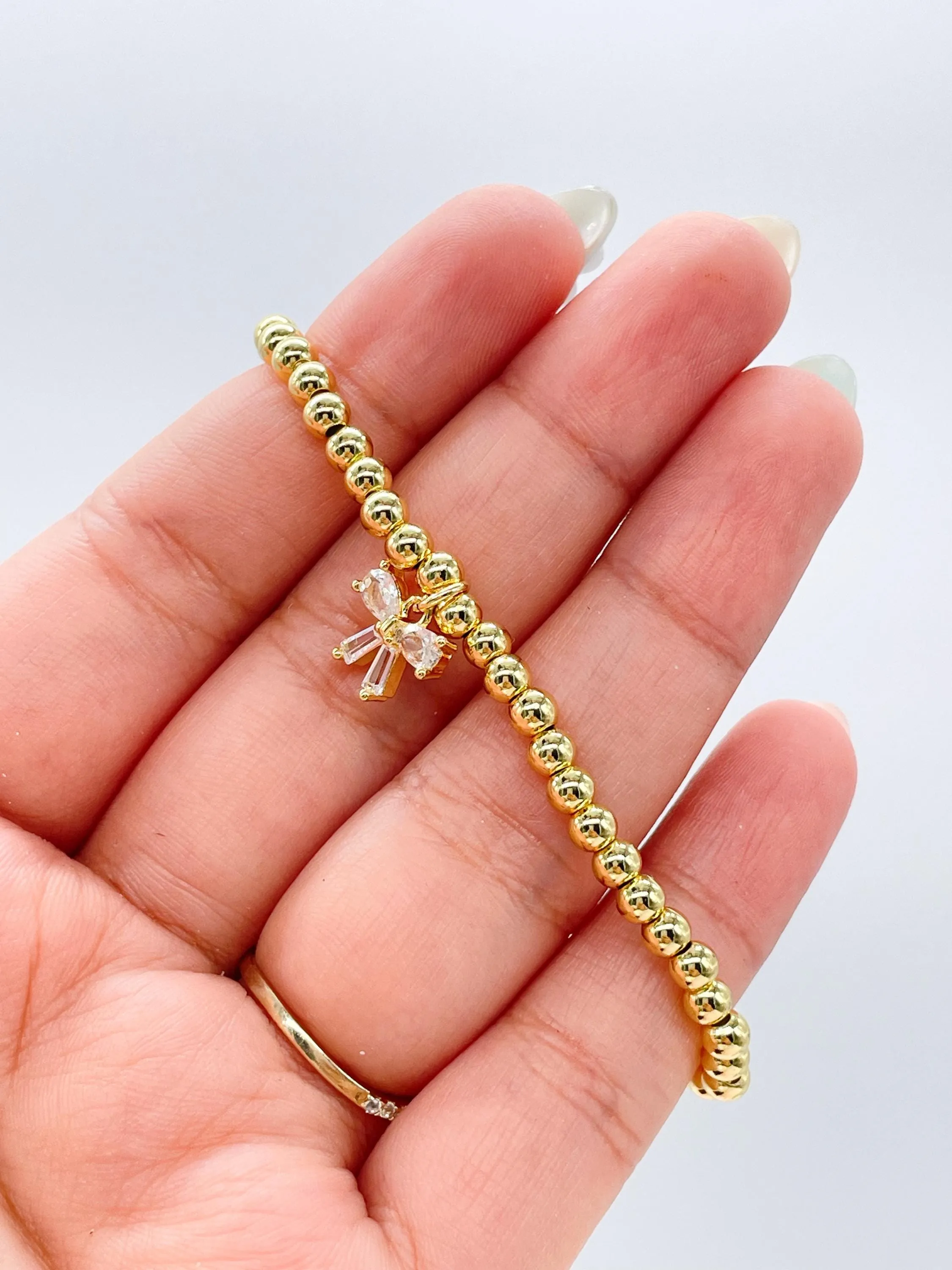 18k Gold Filled Elastic Classic 4mm Beaded Bracelet with CZ Dainty Bow