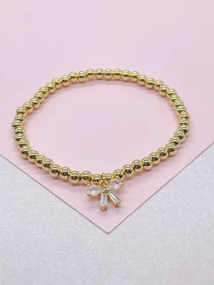 18k Gold Filled Elastic Classic 4mm Beaded Bracelet with CZ Dainty Bow