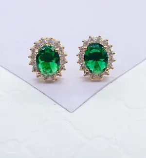 18k Gold Filled Emerald Green Stud Earring Crowned with White CZ Stones