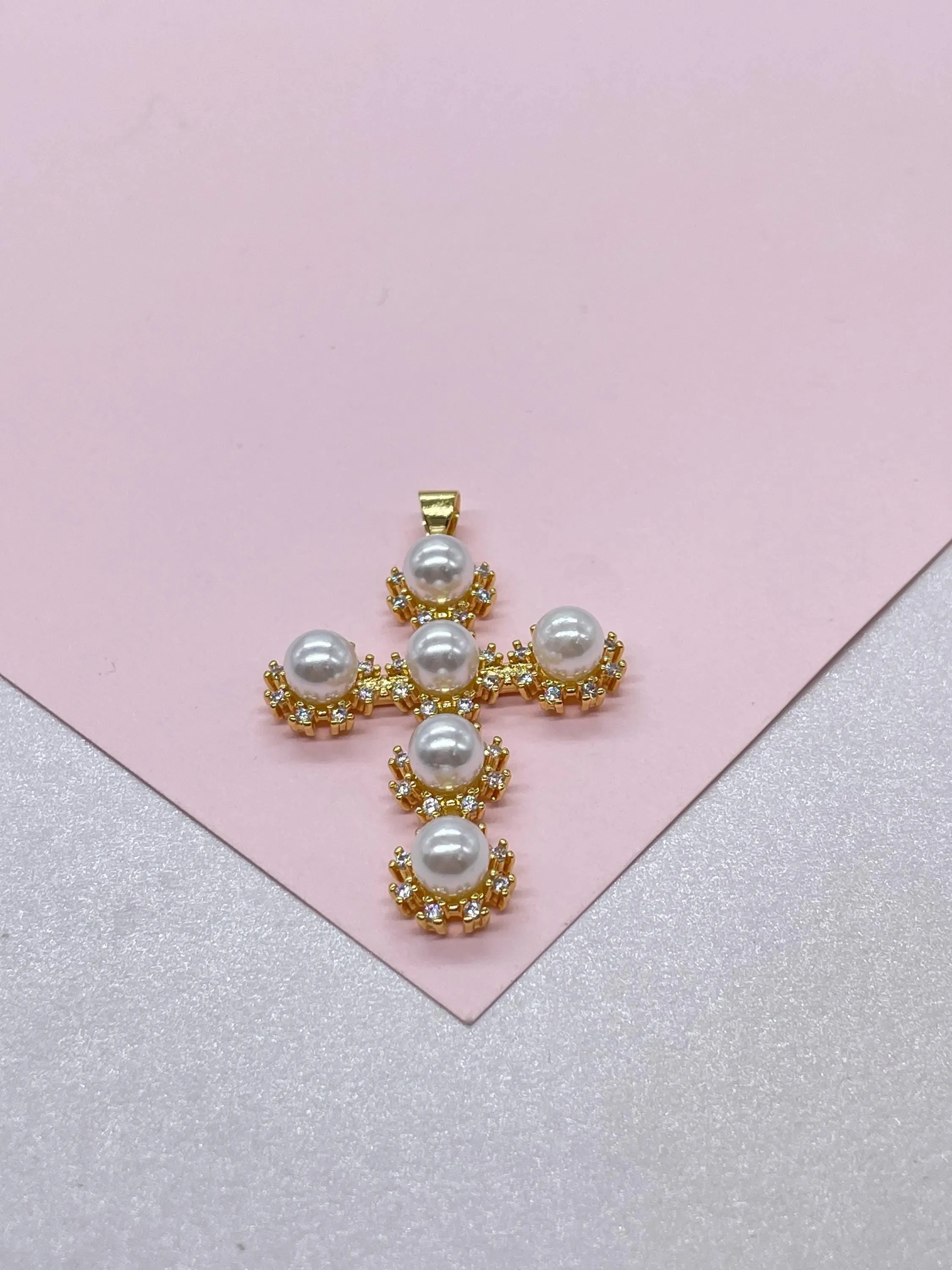 18k Gold Filled Faux All Around CZ Pearl Style Cross Pendant