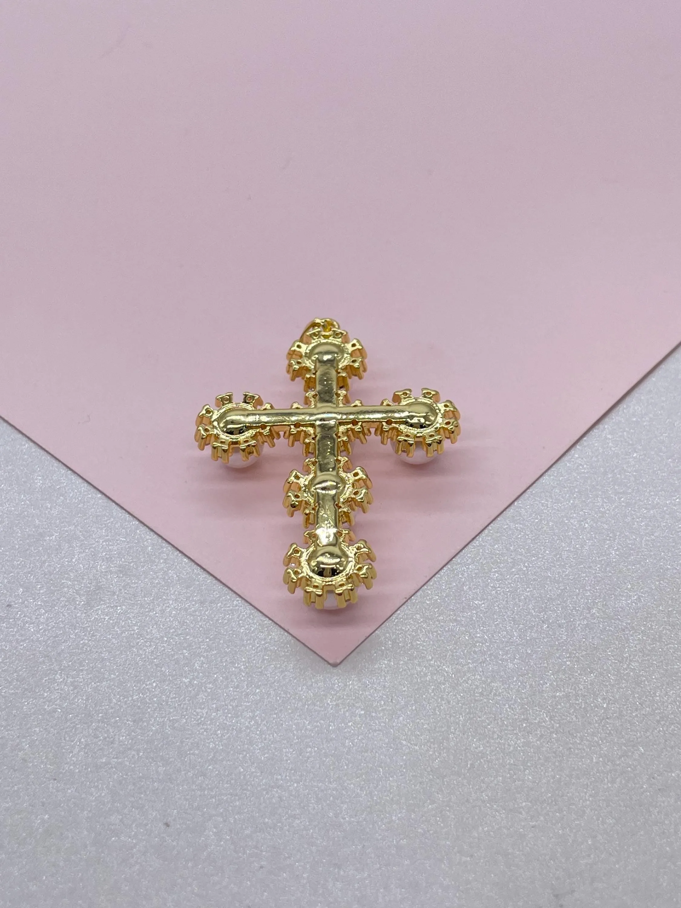 18k Gold Filled Faux All Around CZ Pearl Style Cross Pendant