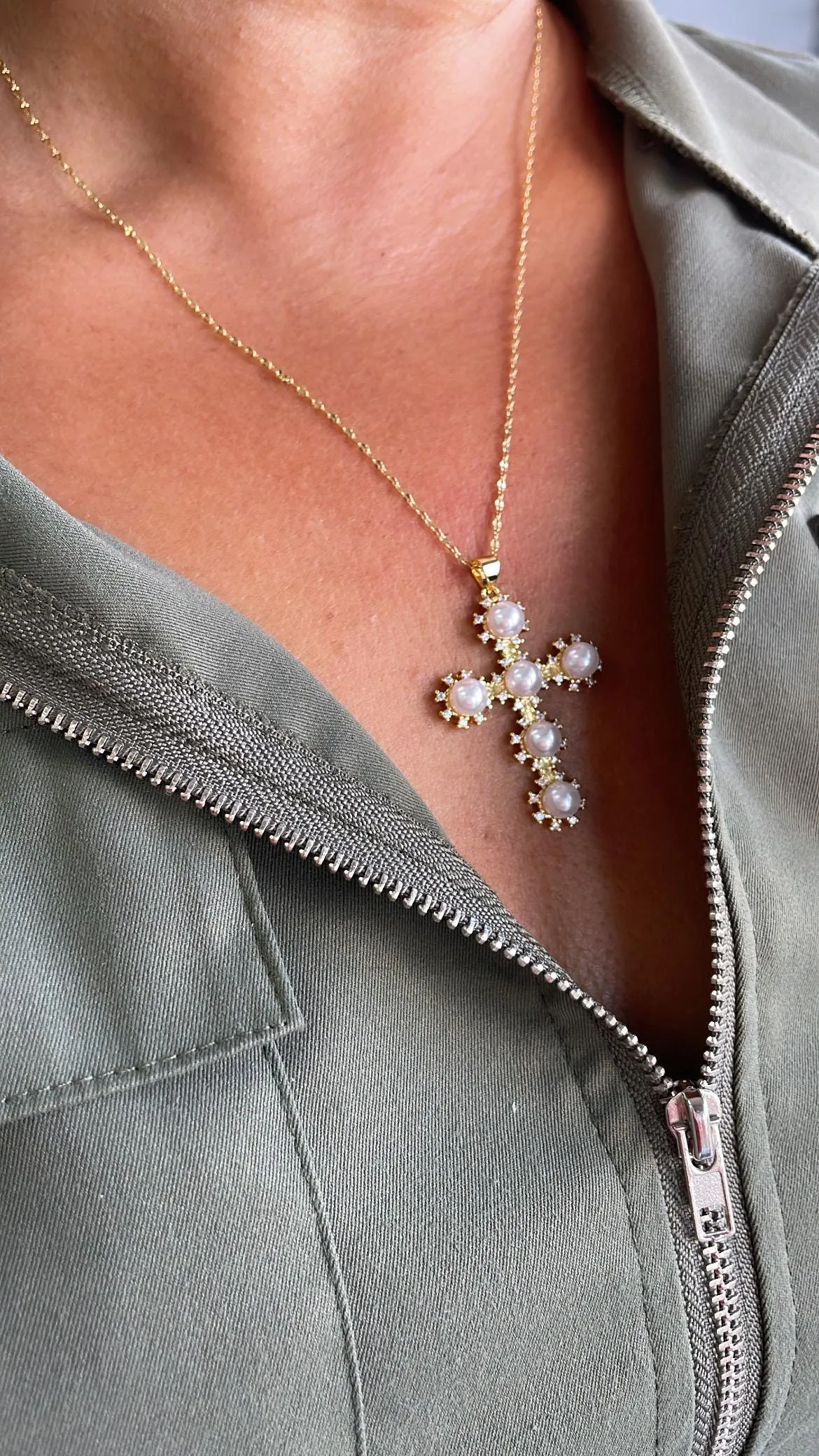 18k Gold Filled Faux All Around CZ Pearl Style Cross Pendant