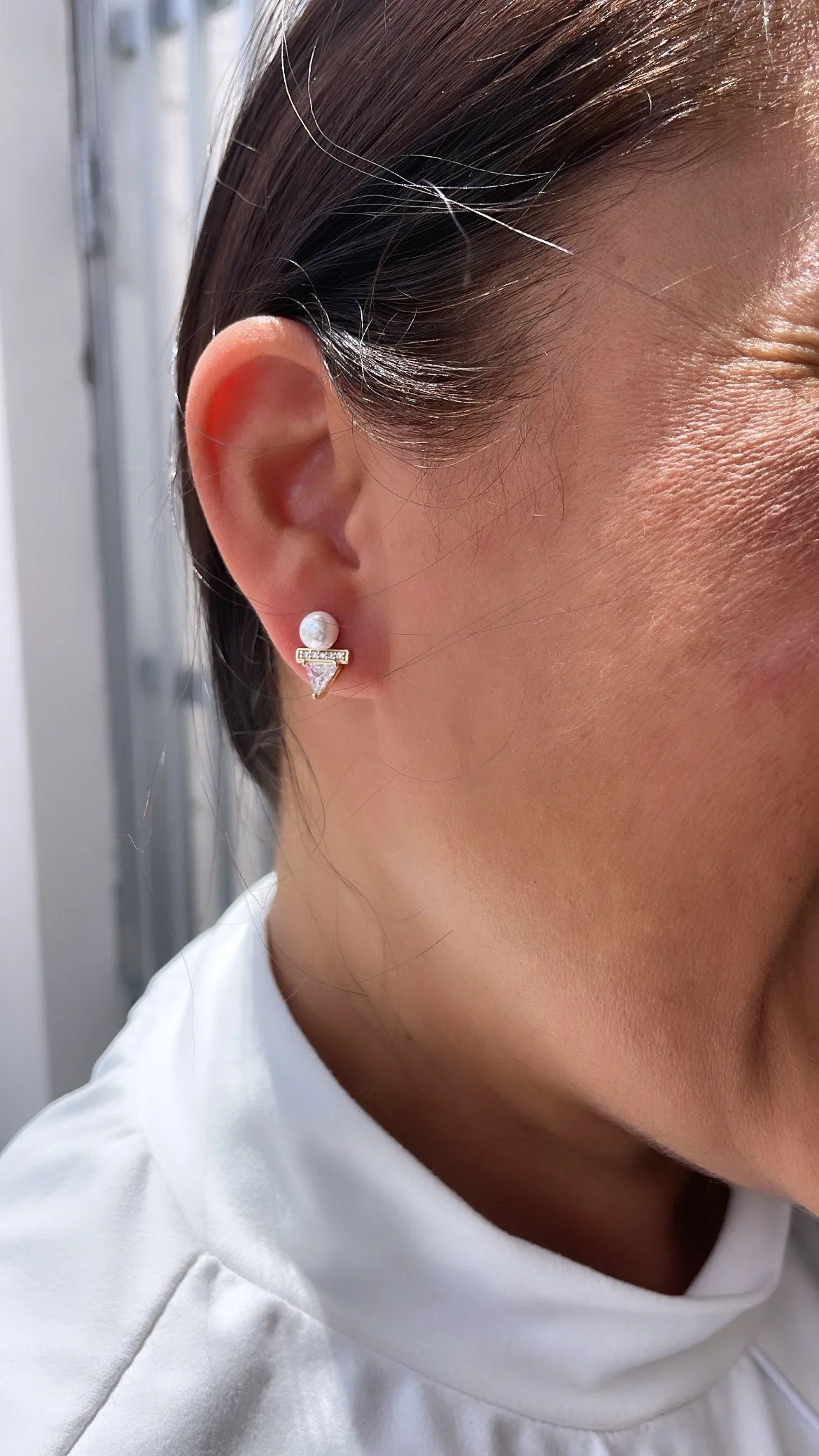 18k Gold Filled Faux Pearl Stud with Triangle CZ Stone