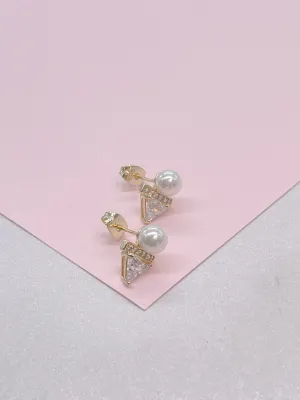 18k Gold Filled Faux Pearl Stud with Triangle CZ Stone