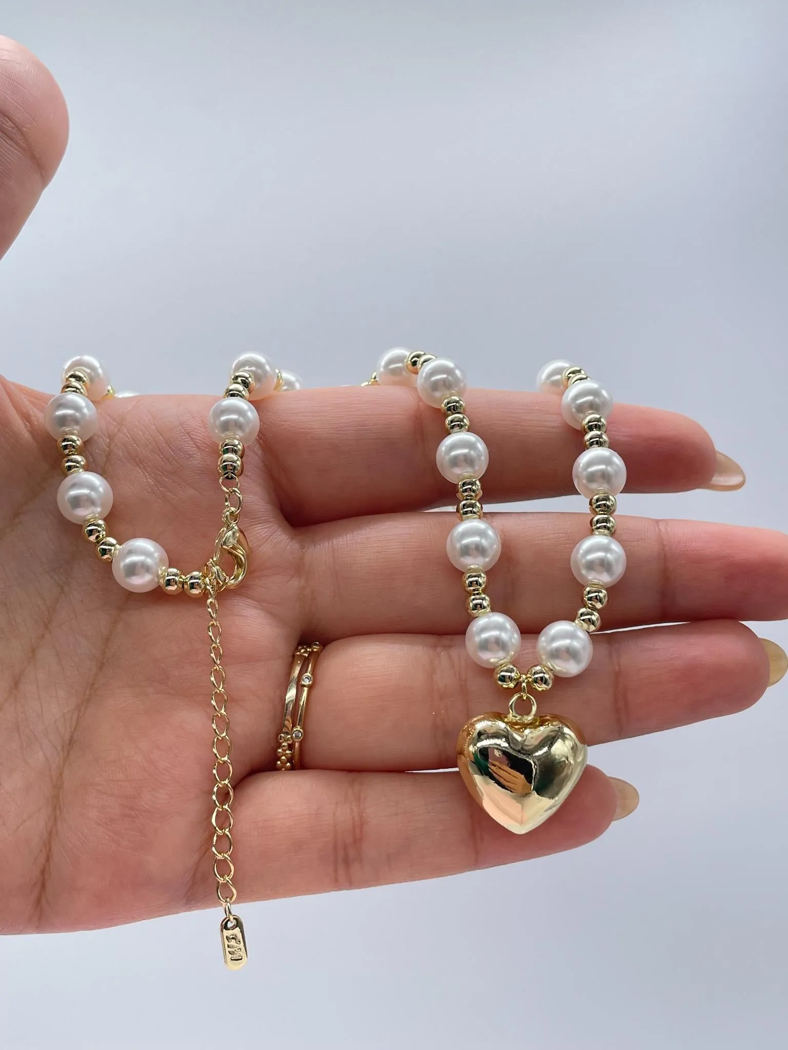 18k Gold Filled Gold And Pearl Bead necklace with Puffy Heart Center