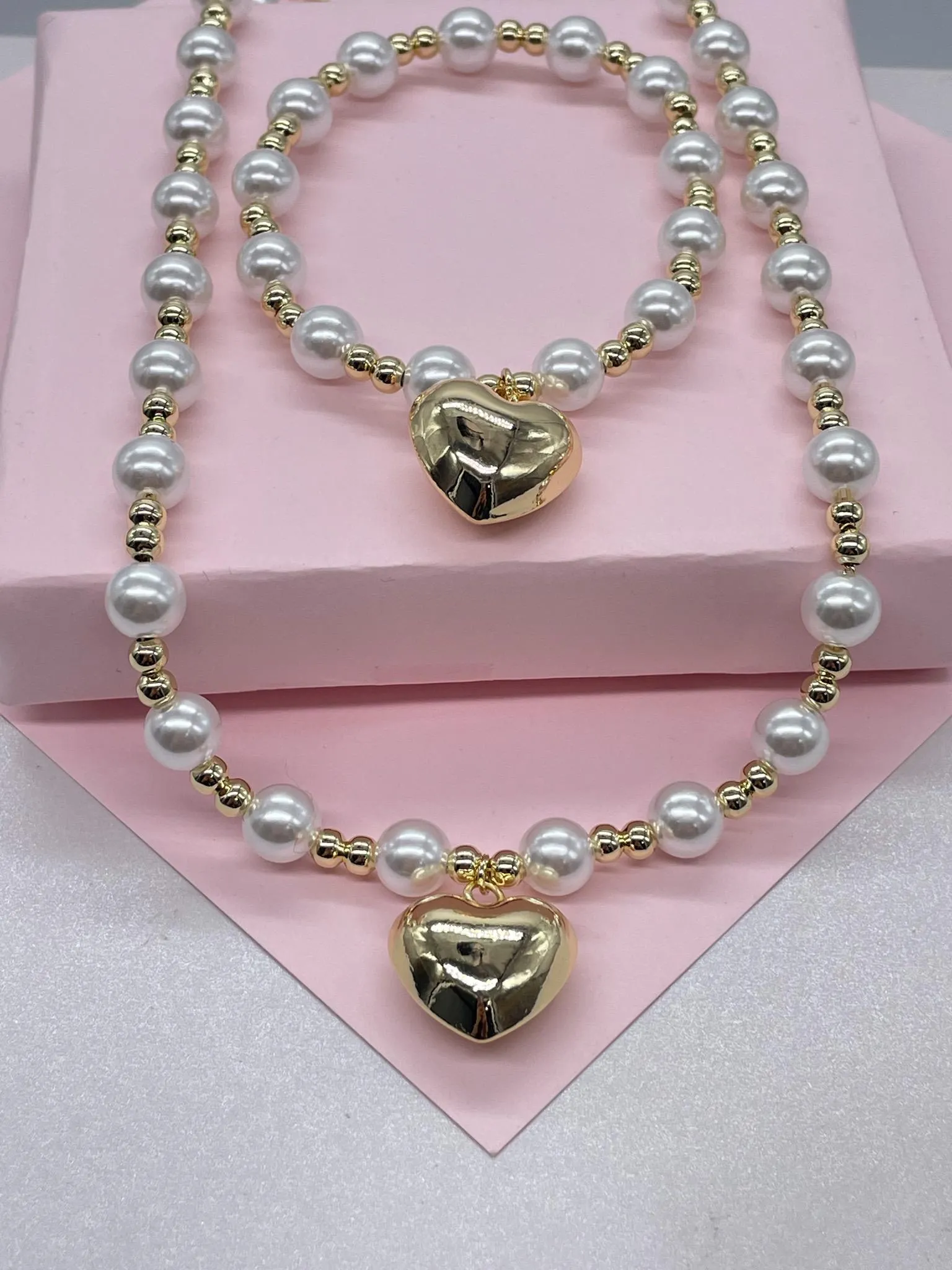 18k Gold Filled Gold And Pearl Bead necklace with Puffy Heart Center