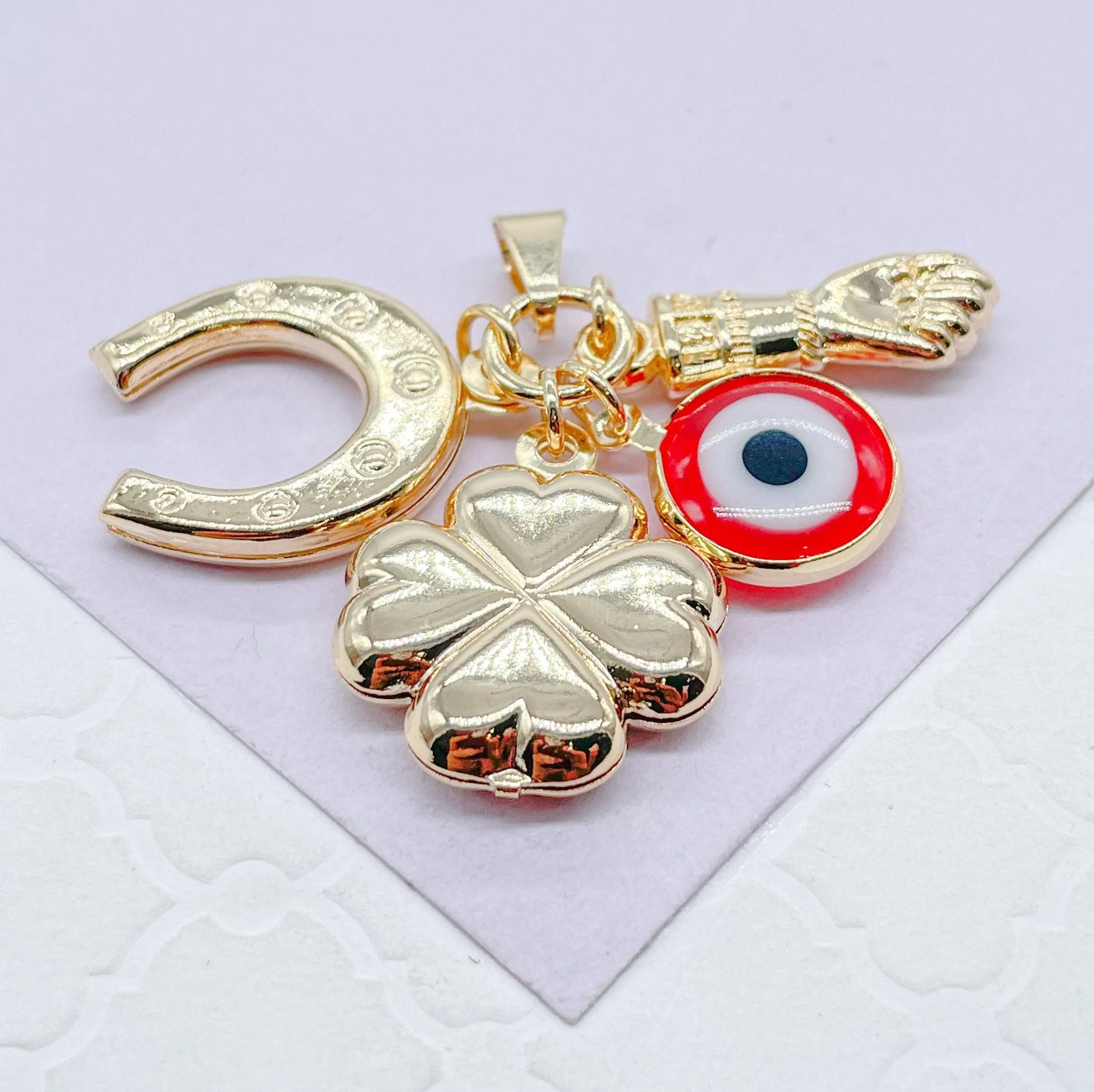 18k Gold Filled Gold Figa Hand With Four Leaf Clover, Horse Shoe And Evil Eye Charm
