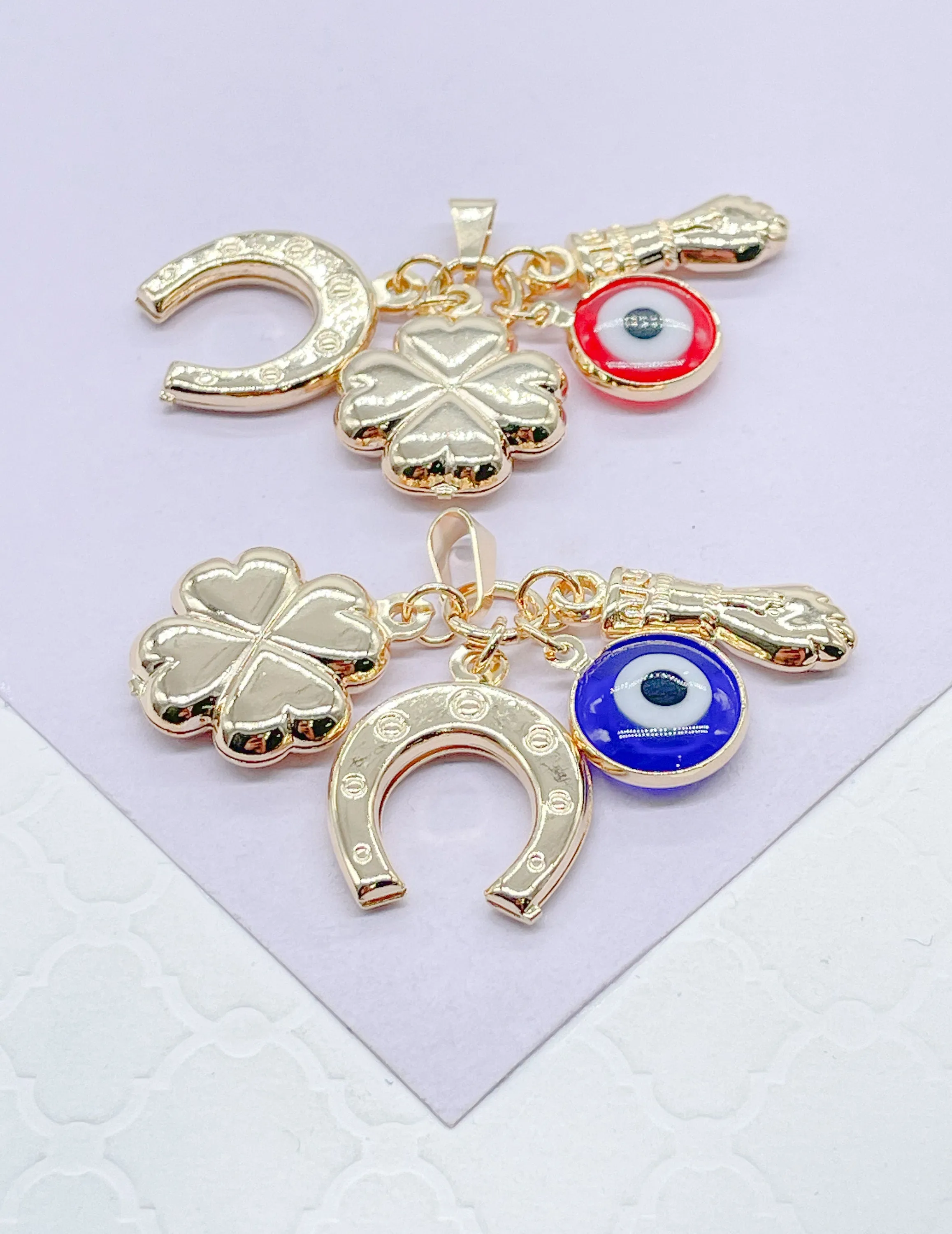 18k Gold Filled Gold Figa Hand With Four Leaf Clover, Horse Shoe And Evil Eye Charm