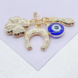 18k Gold Filled Gold Figa Hand With Four Leaf Clover, Horse Shoe And Evil Eye Charm