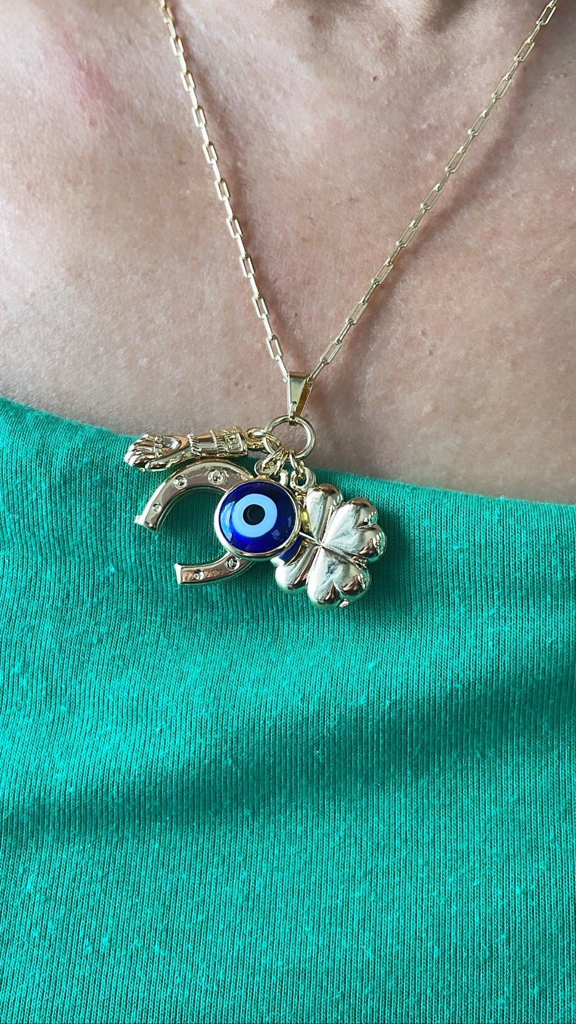 18k Gold Filled Gold Figa Hand With Four Leaf Clover, Horse Shoe And Evil Eye Charm