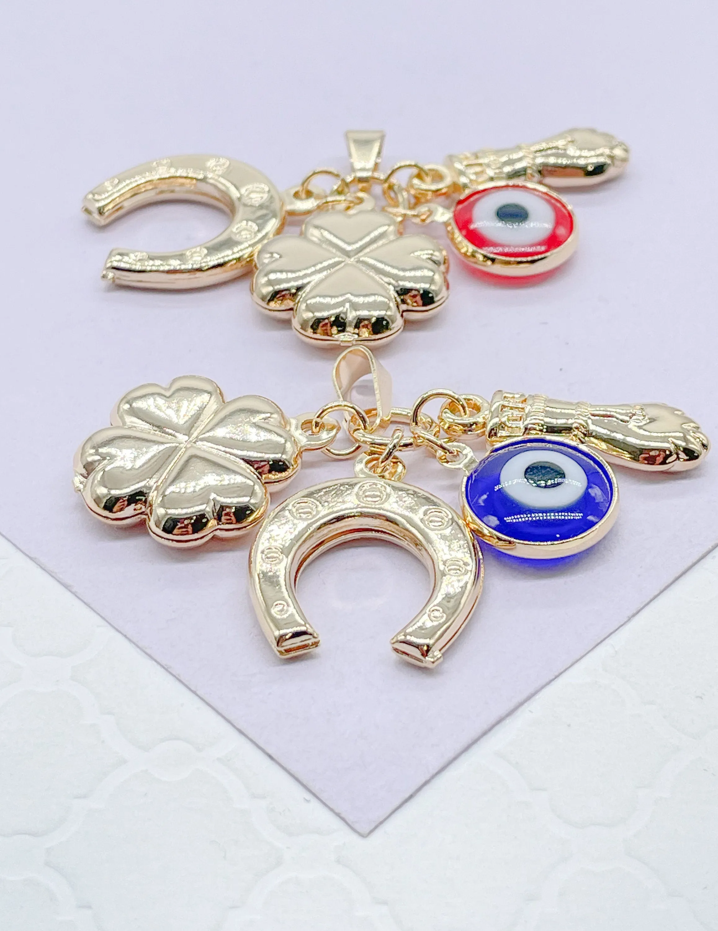 18k Gold Filled Gold Figa Hand With Four Leaf Clover, Horse Shoe And Evil Eye Charm