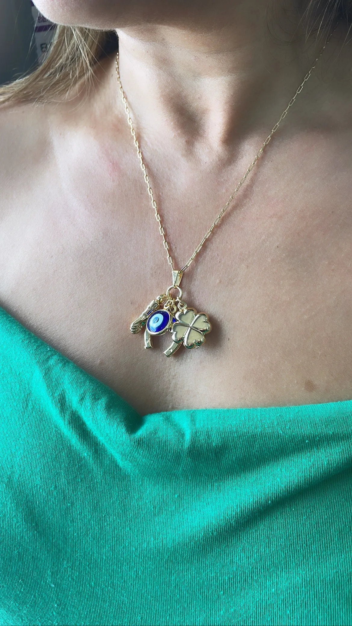 18k Gold Filled Gold Figa Hand With Four Leaf Clover, Horse Shoe And Evil Eye Charm