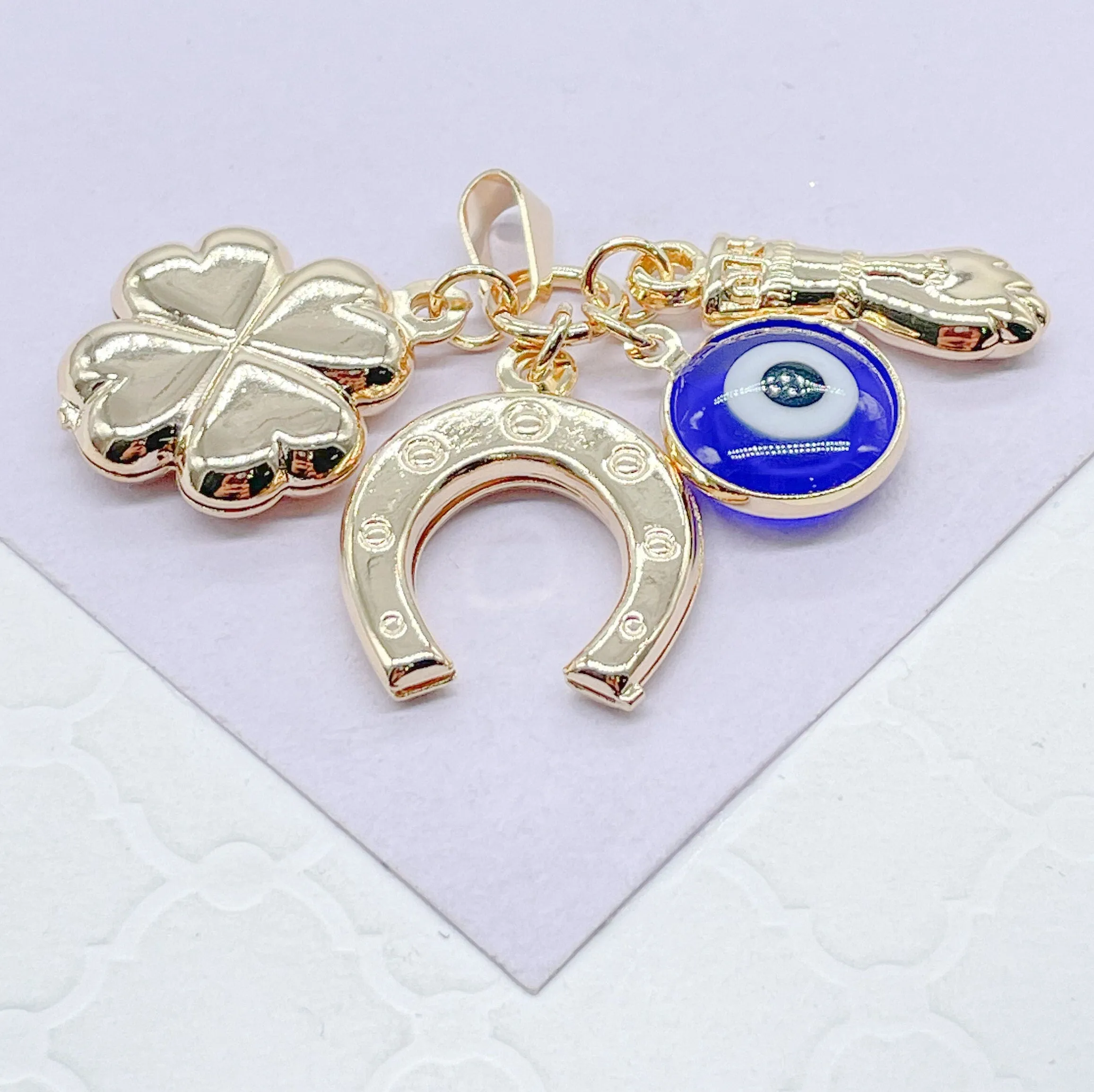 18k Gold Filled Gold Figa Hand With Four Leaf Clover, Horse Shoe And Evil Eye Charm
