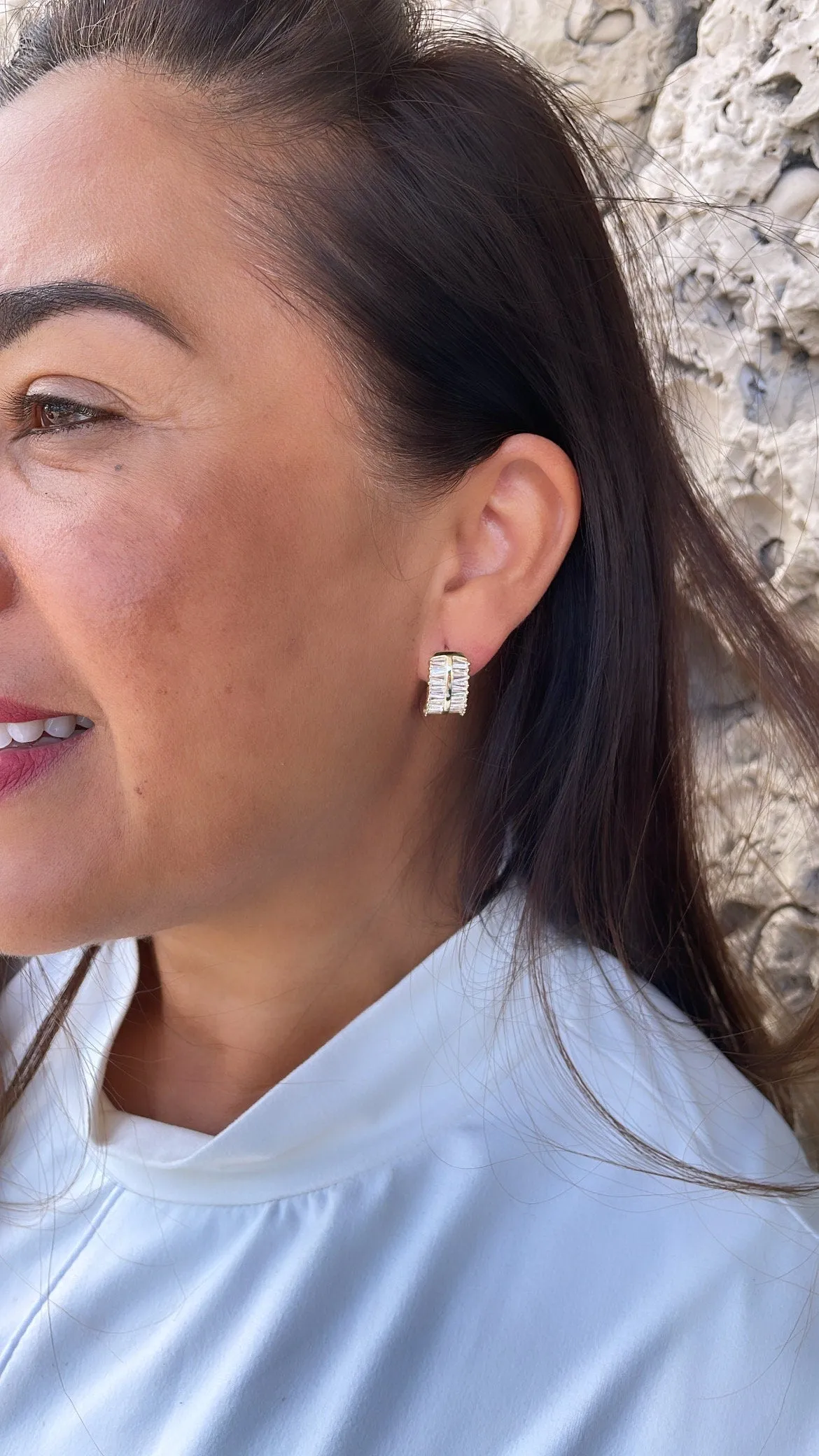 18k Gold Filled Large Baguette Cut CZ Huggie Earring