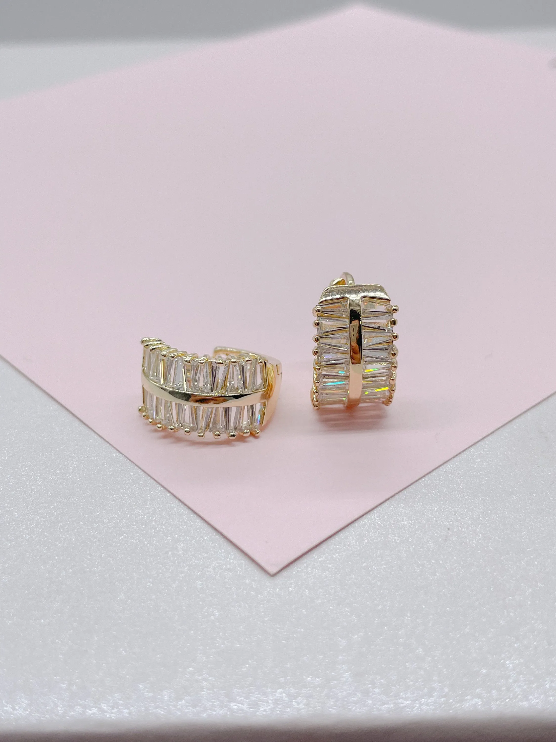 18k Gold Filled Large Baguette Cut CZ Huggie Earring