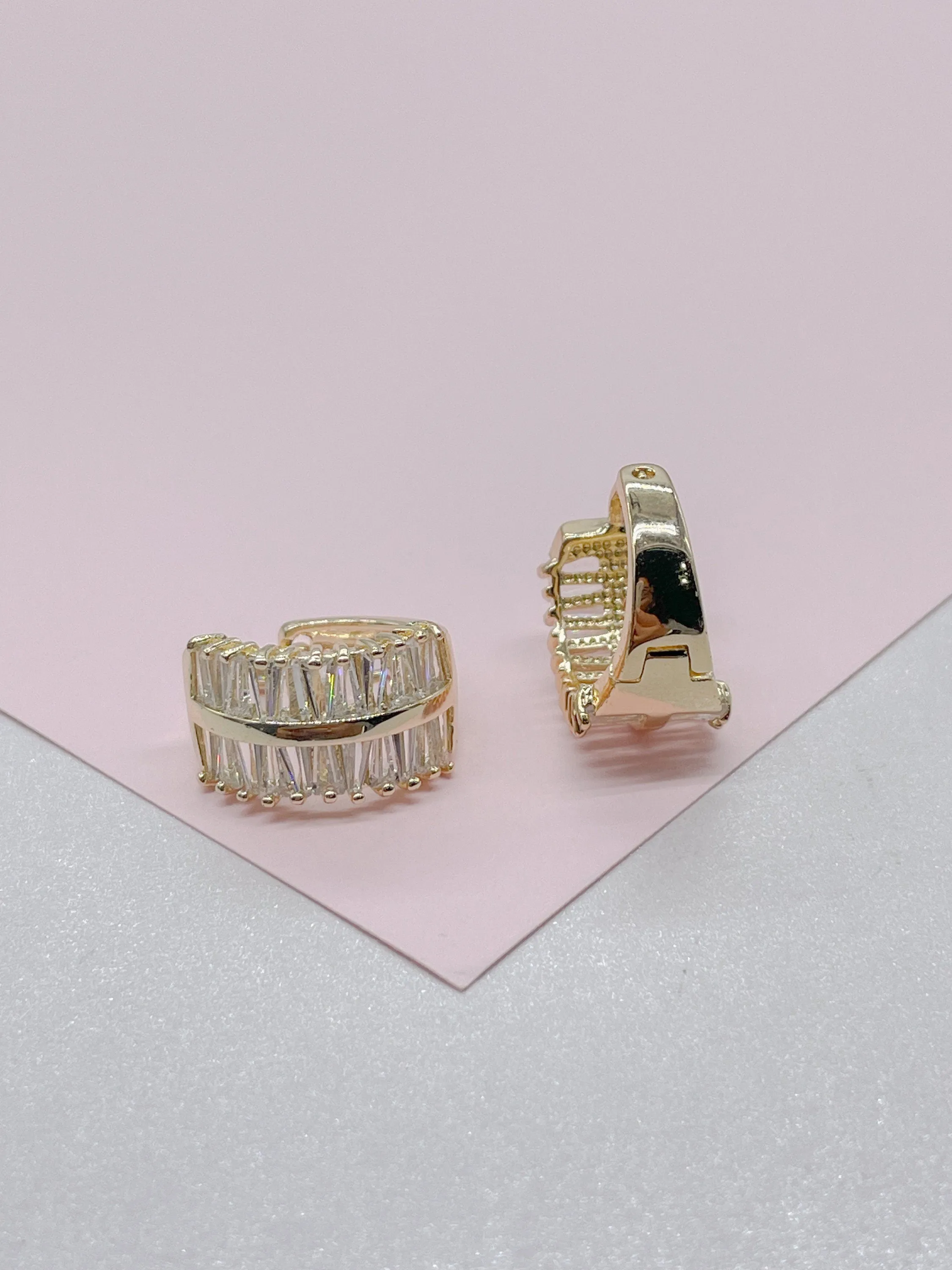18k Gold Filled Large Baguette Cut CZ Huggie Earring